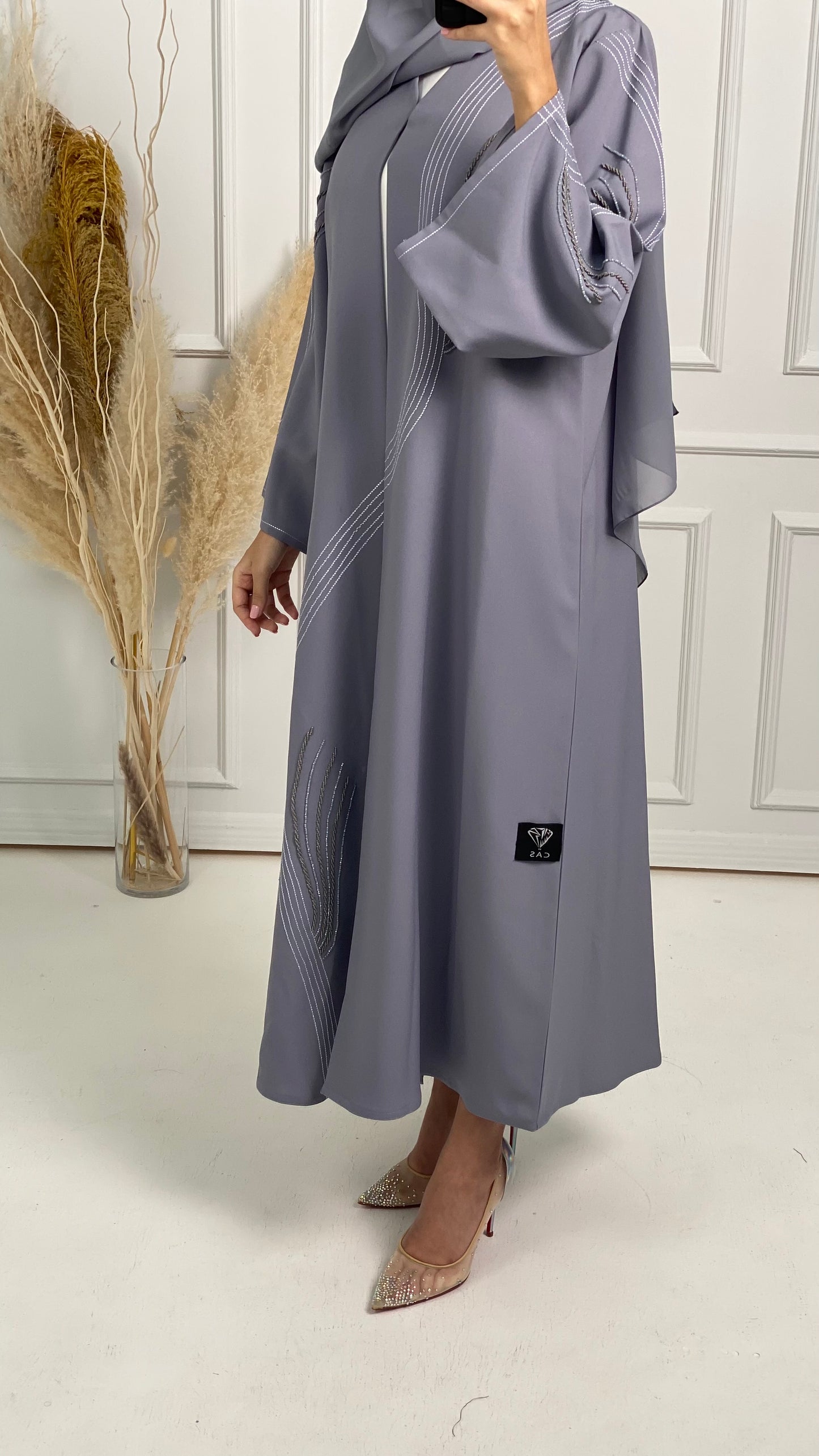 C Grey Crepe Embroidery Abaya