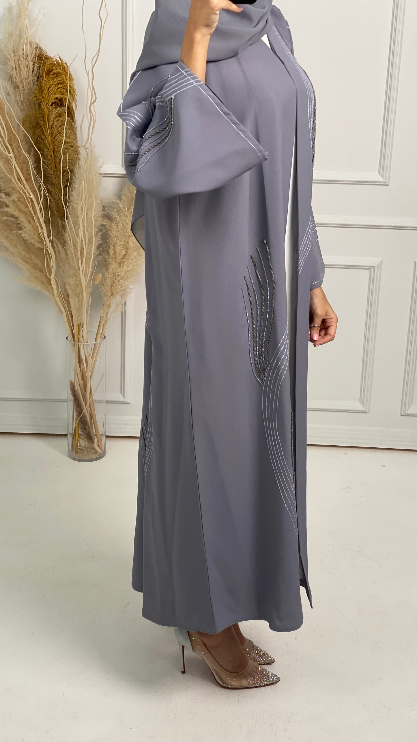 C Grey Crepe Embroidery Abaya