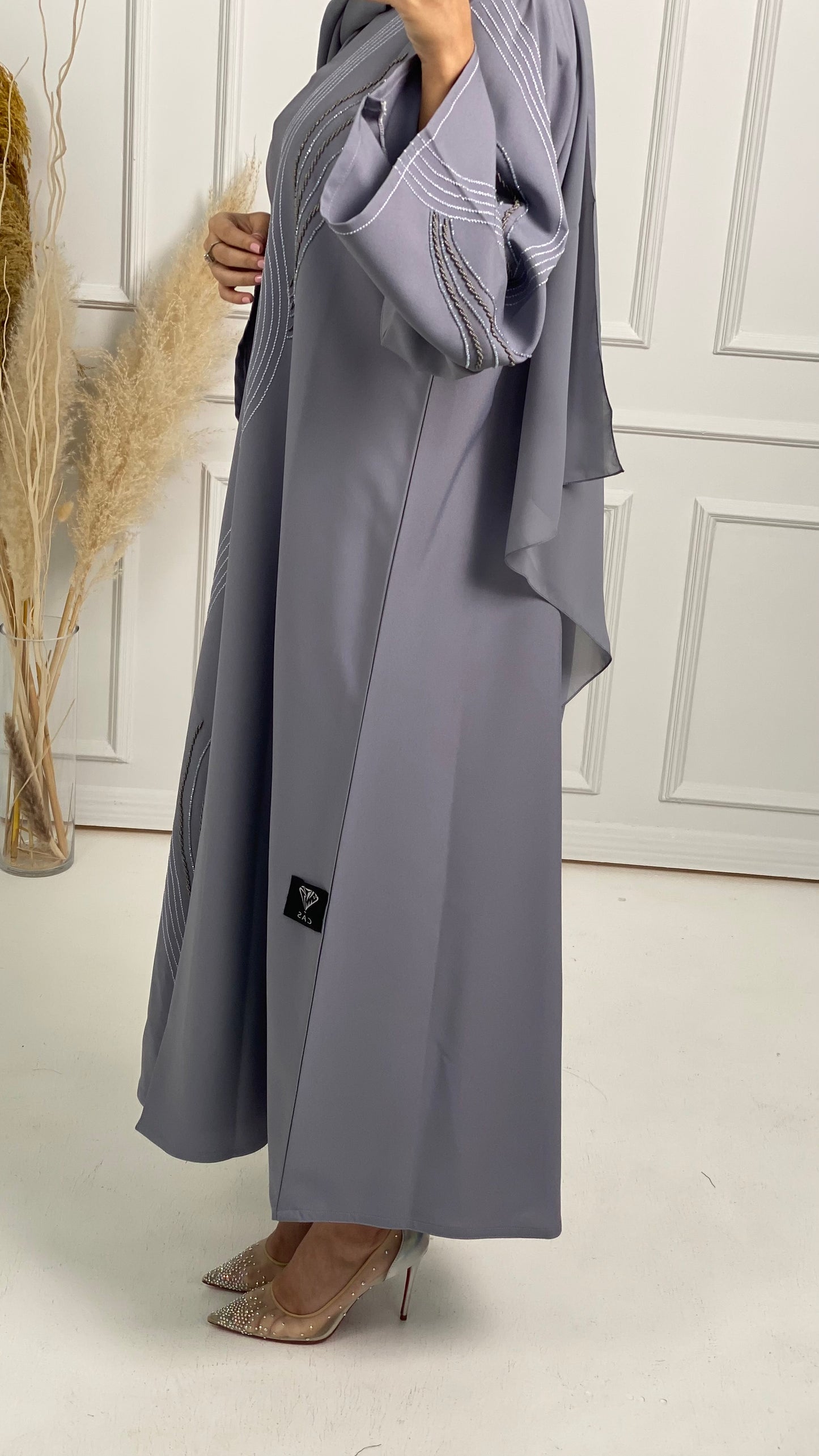 C Grey Crepe Embroidery Abaya