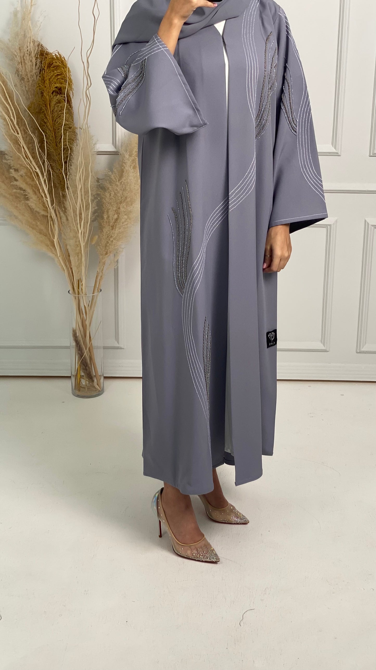 C Grey Crepe Embroidery Abaya