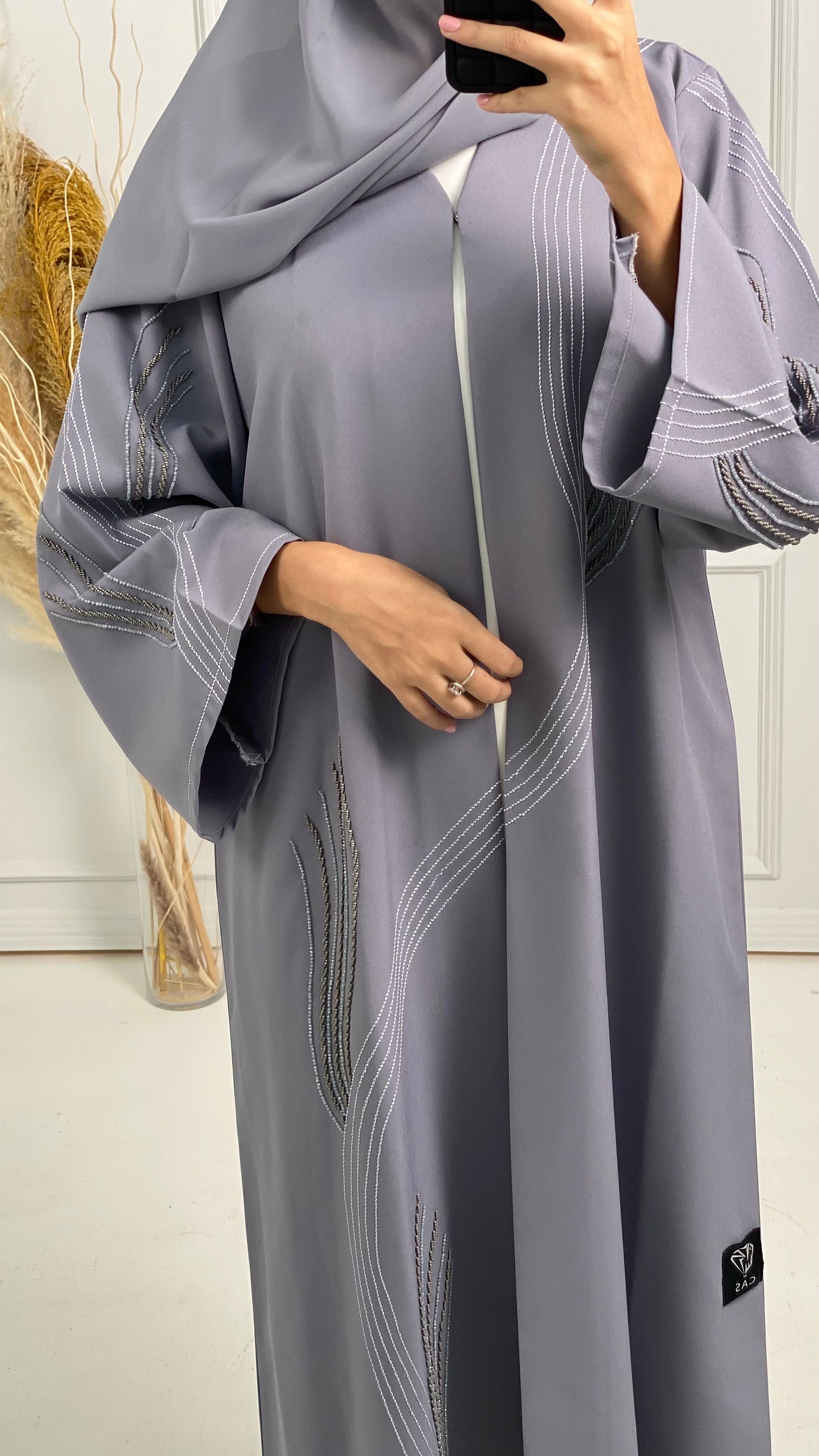 C Grey Crepe Embroidery Abaya