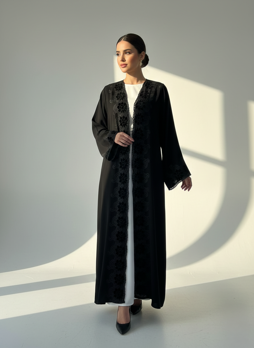 C 1775 Black Velvet Lace Abaya