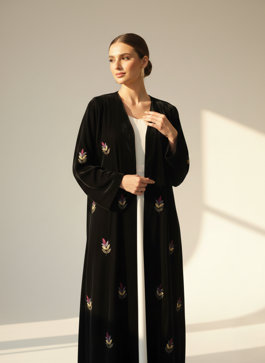 C 1787 Black Embroidered Velvet Abaya