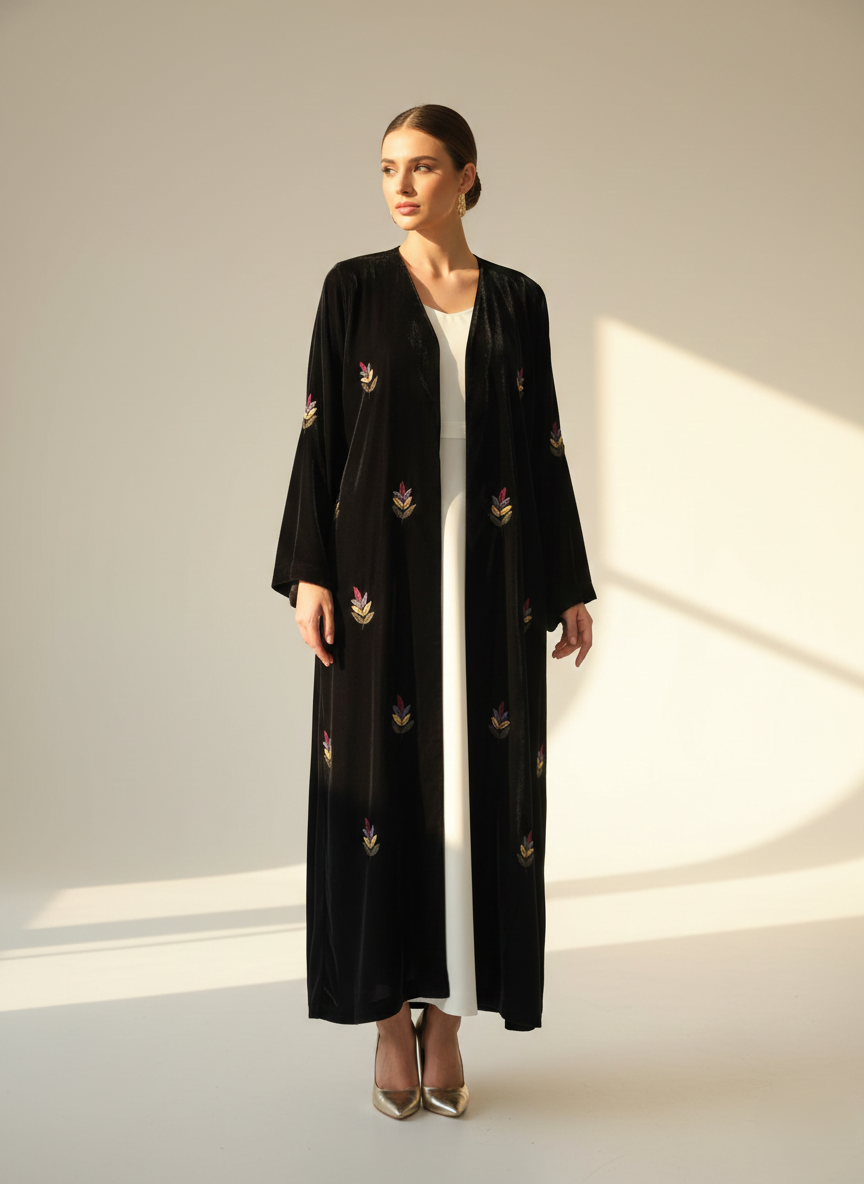 C 1787 Black Embroidered Velvet Abaya