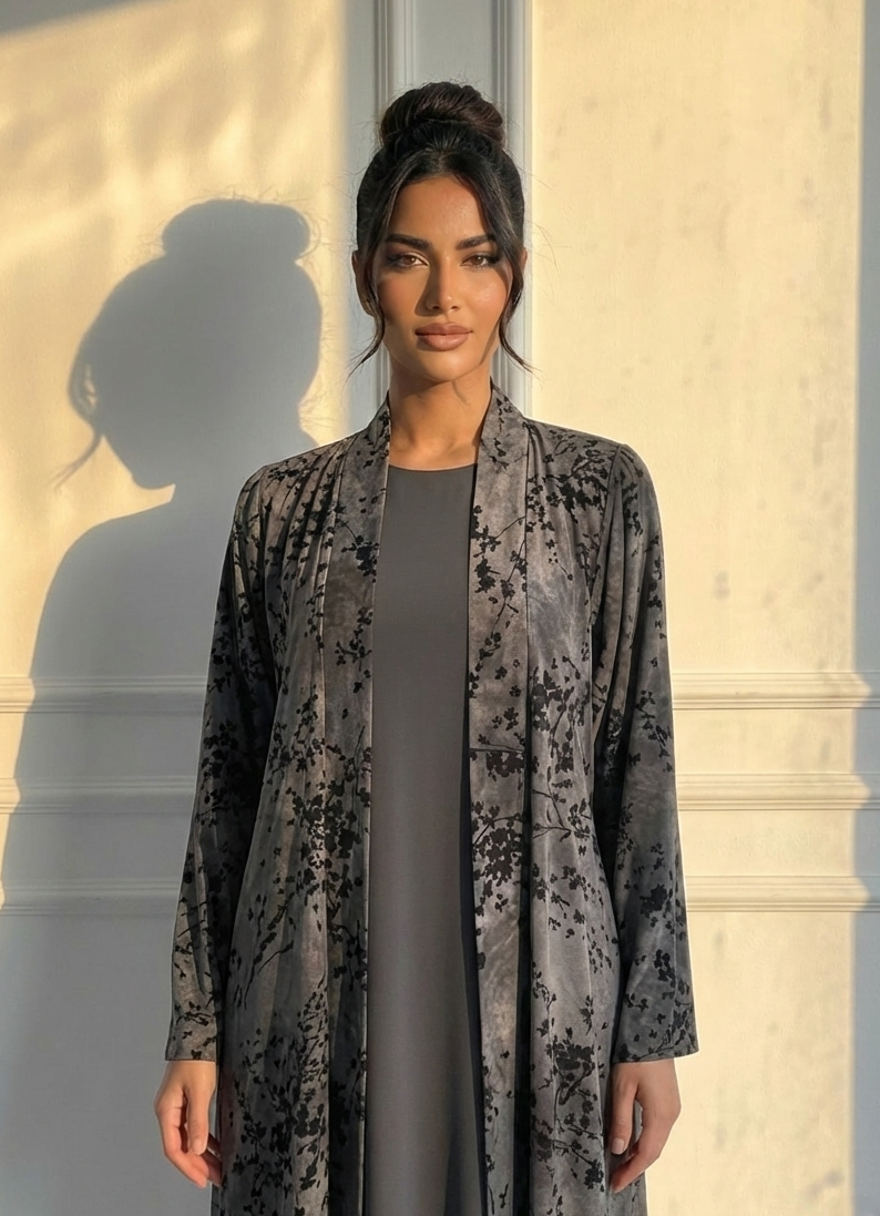 C 1691 Grey Floral Velvet Abaya