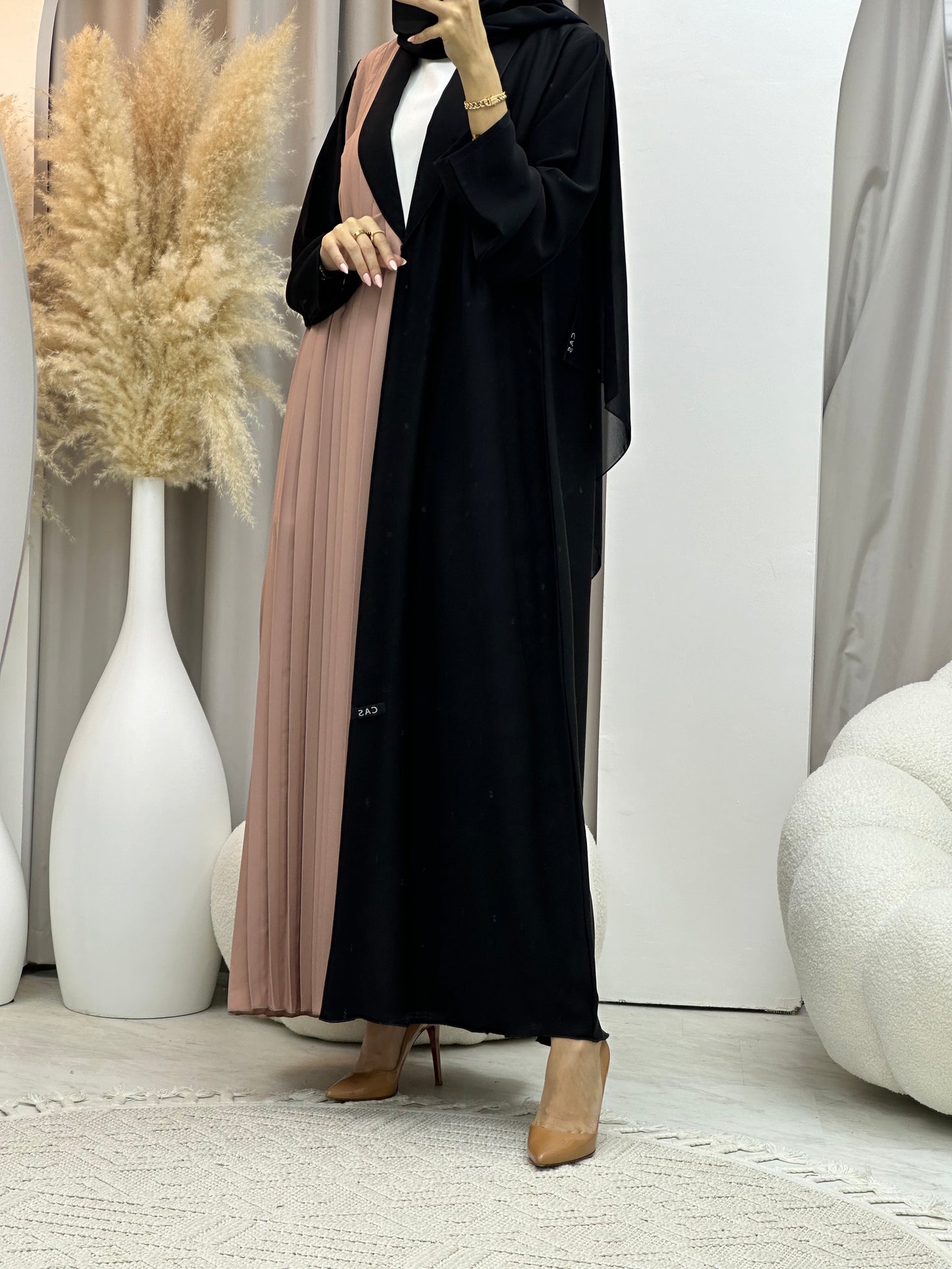 C 0072 Beige Black Pleated Abaya