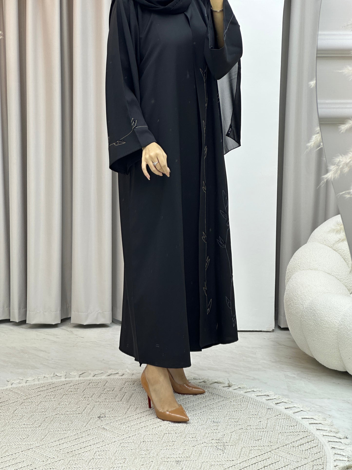 C Crepe Black Embroidery  Abaya Set