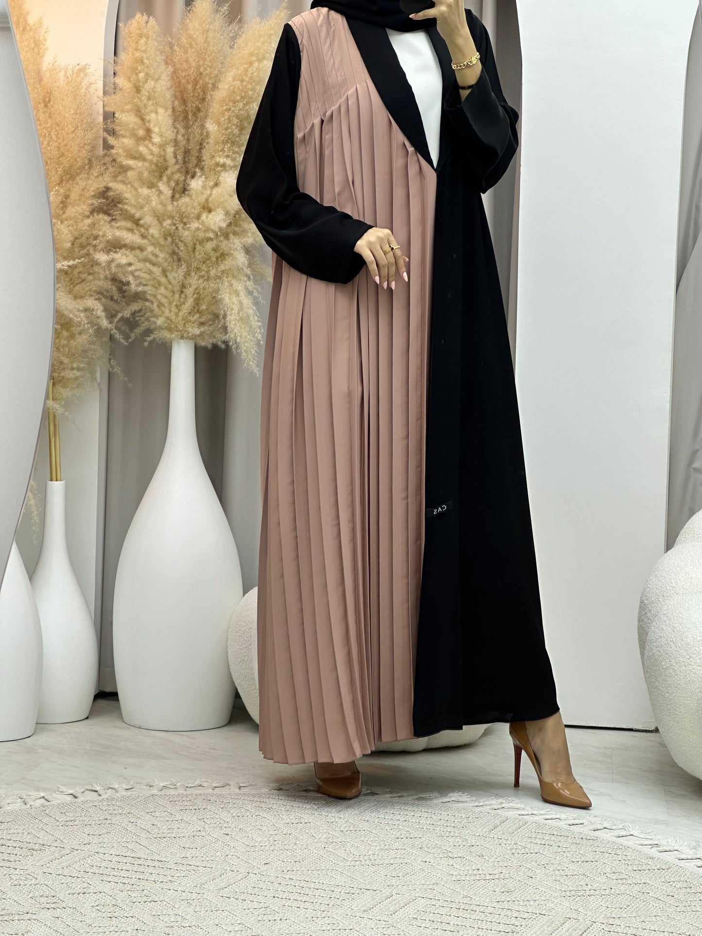 C 0072 Beige Black Pleated Abaya