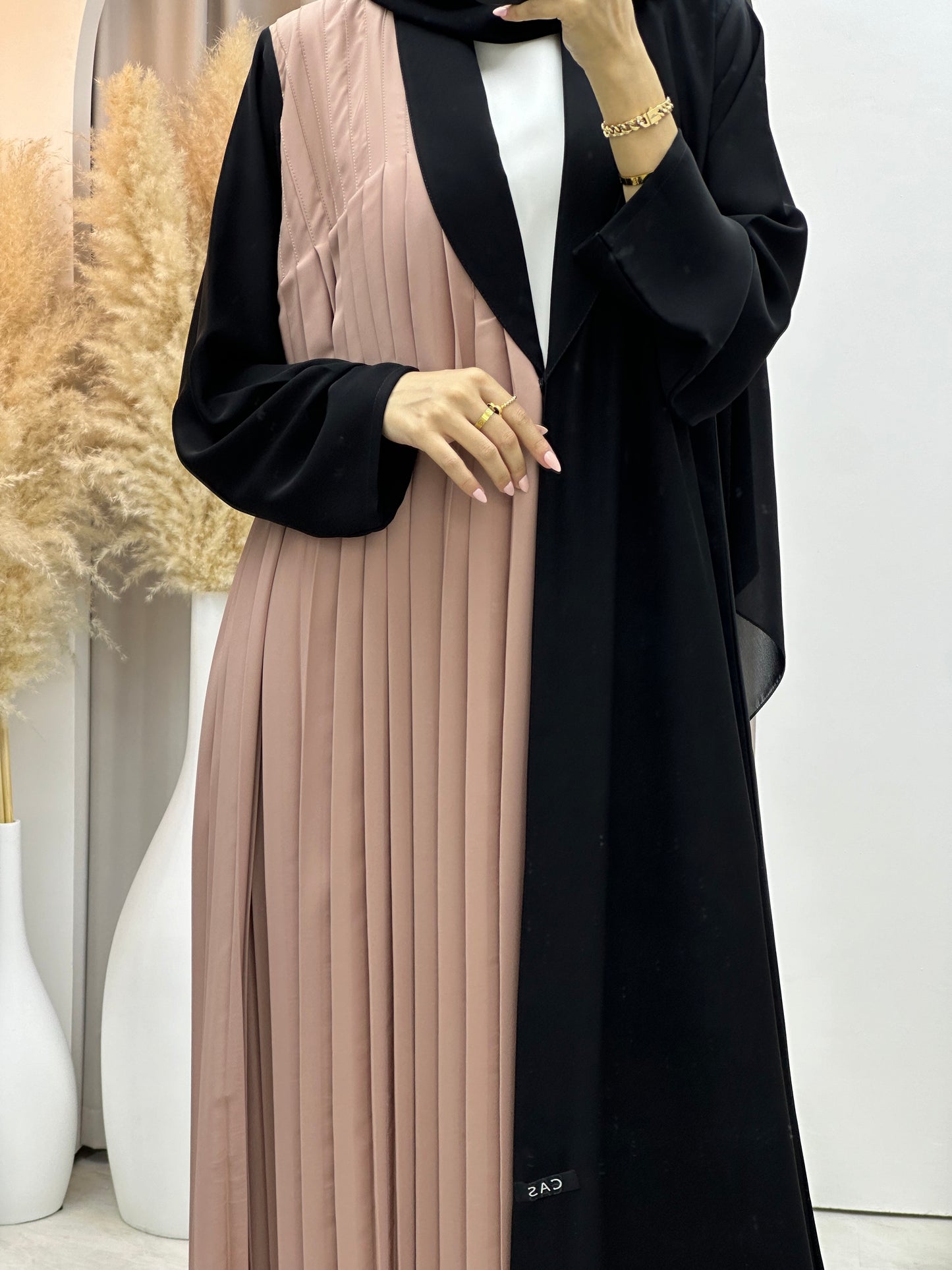 C 0072 Beige Black Pleated Abaya