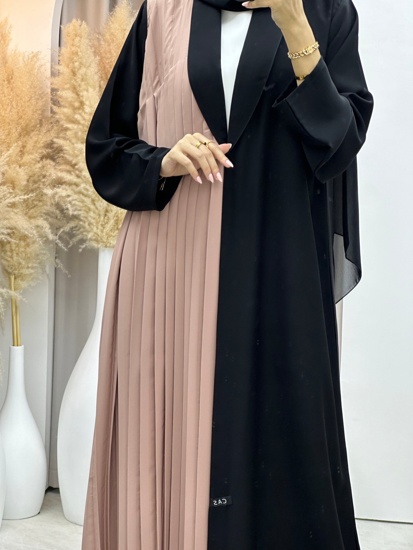 C 0072 Beige Black Pleated Abaya