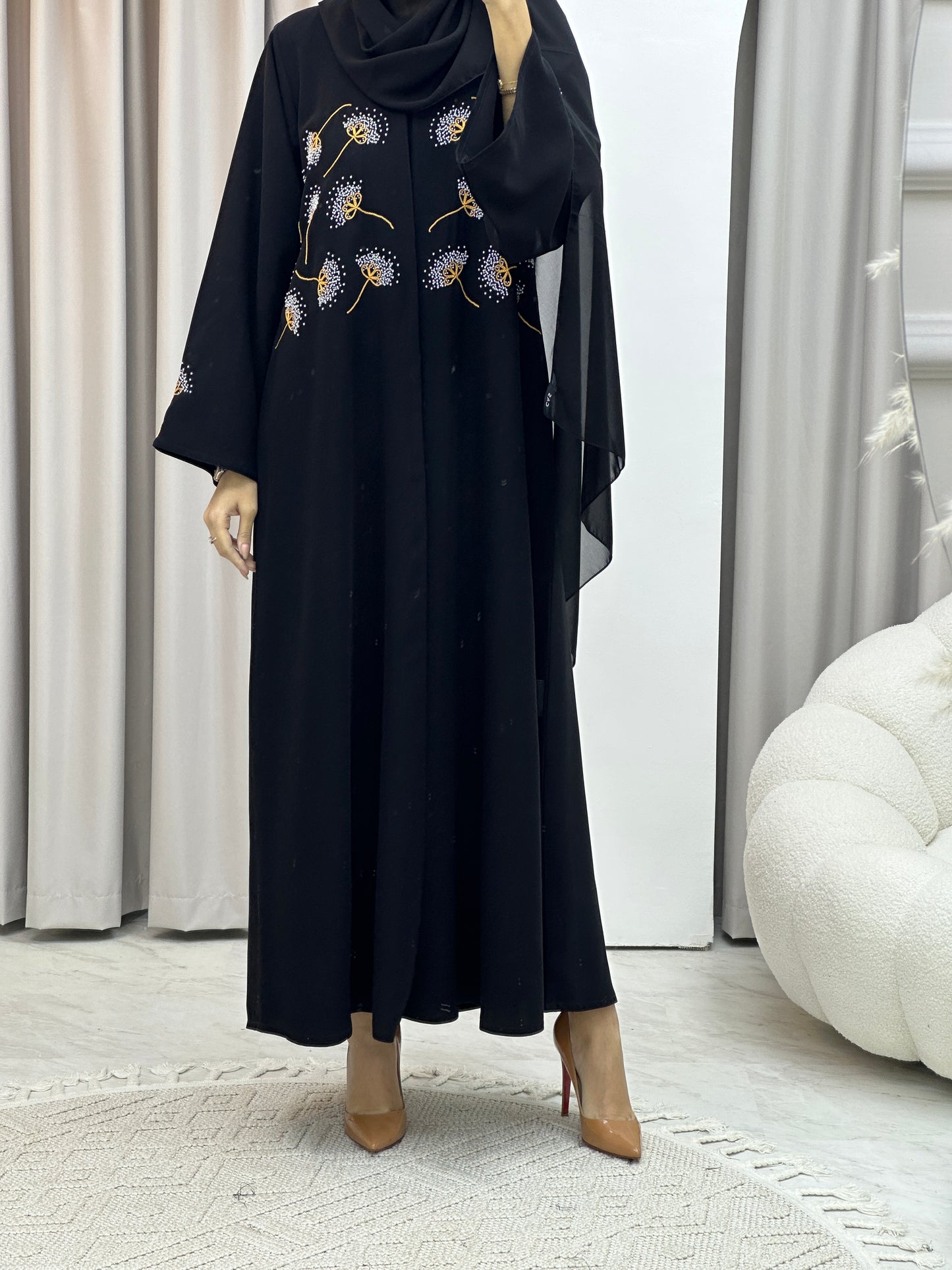 C Flower Embroidery Black Abaya Set