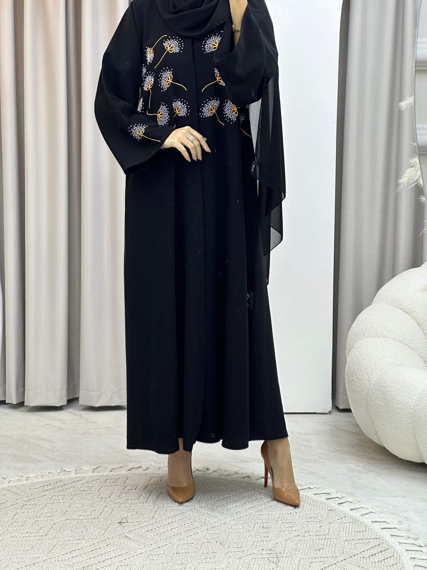 C Flower Embroidery Black Abaya Set