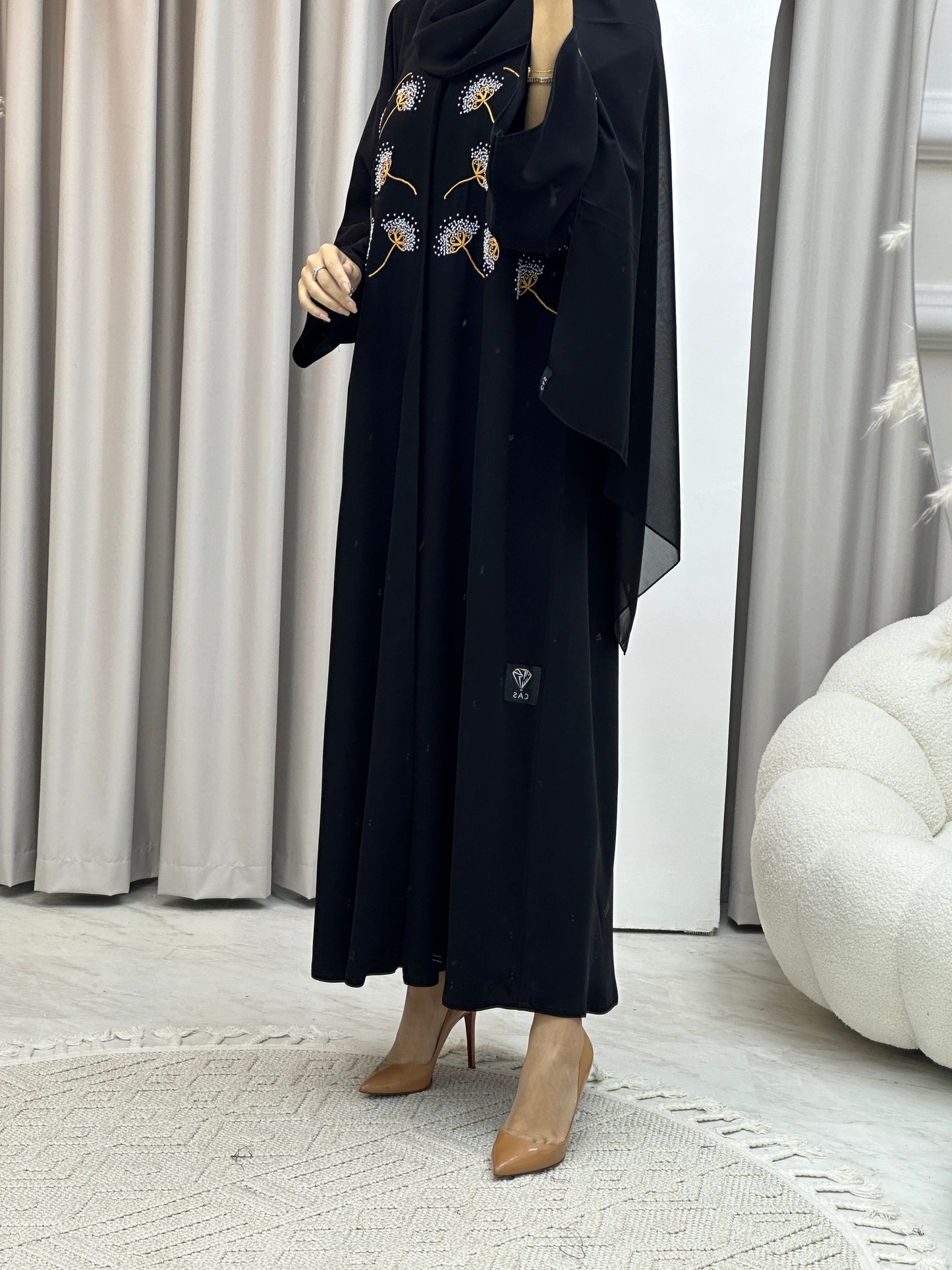 C RTW Flower Embroidery Black Abaya Set