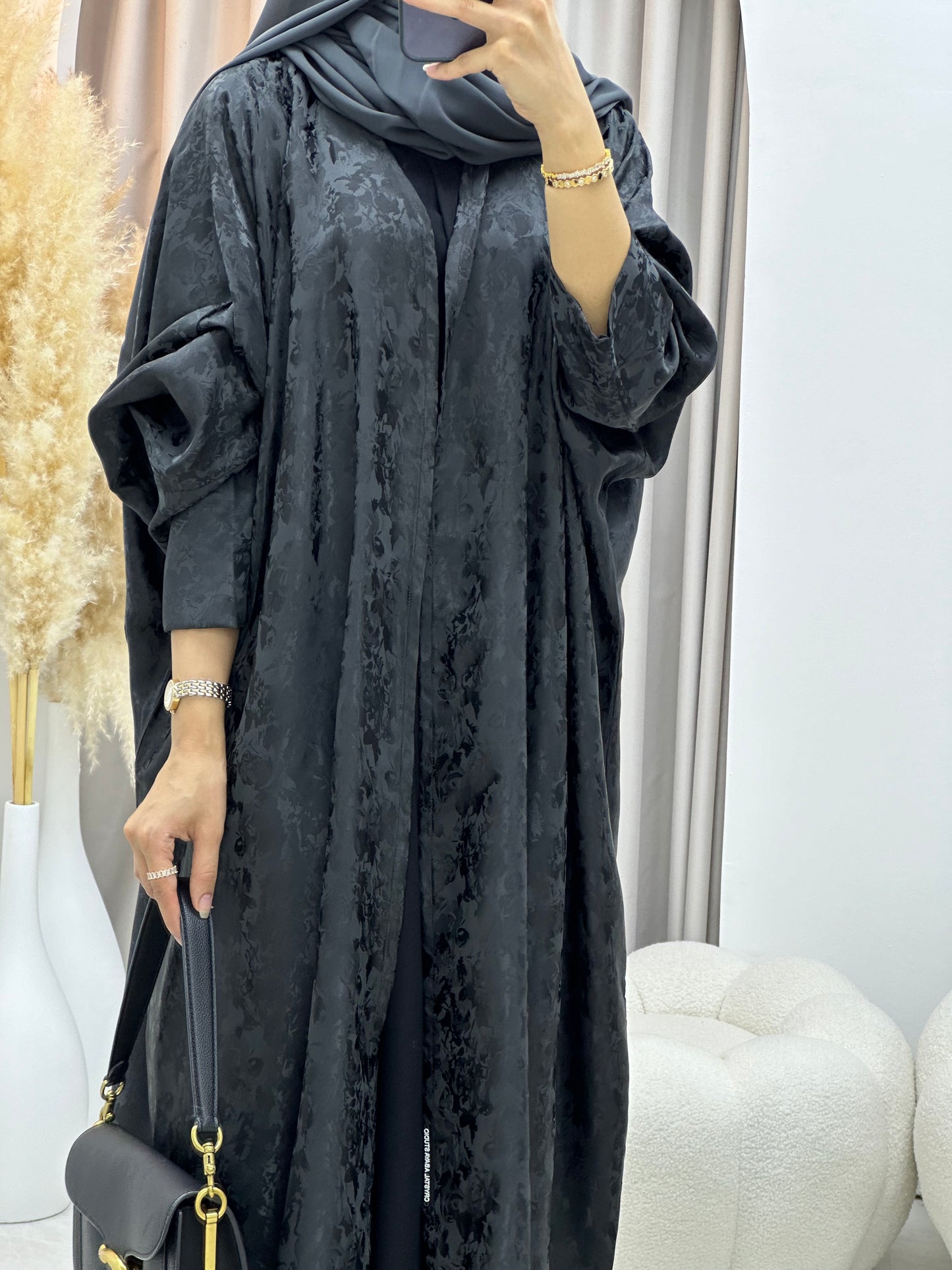 C 0250-03 Dark Grey Floral Abaya