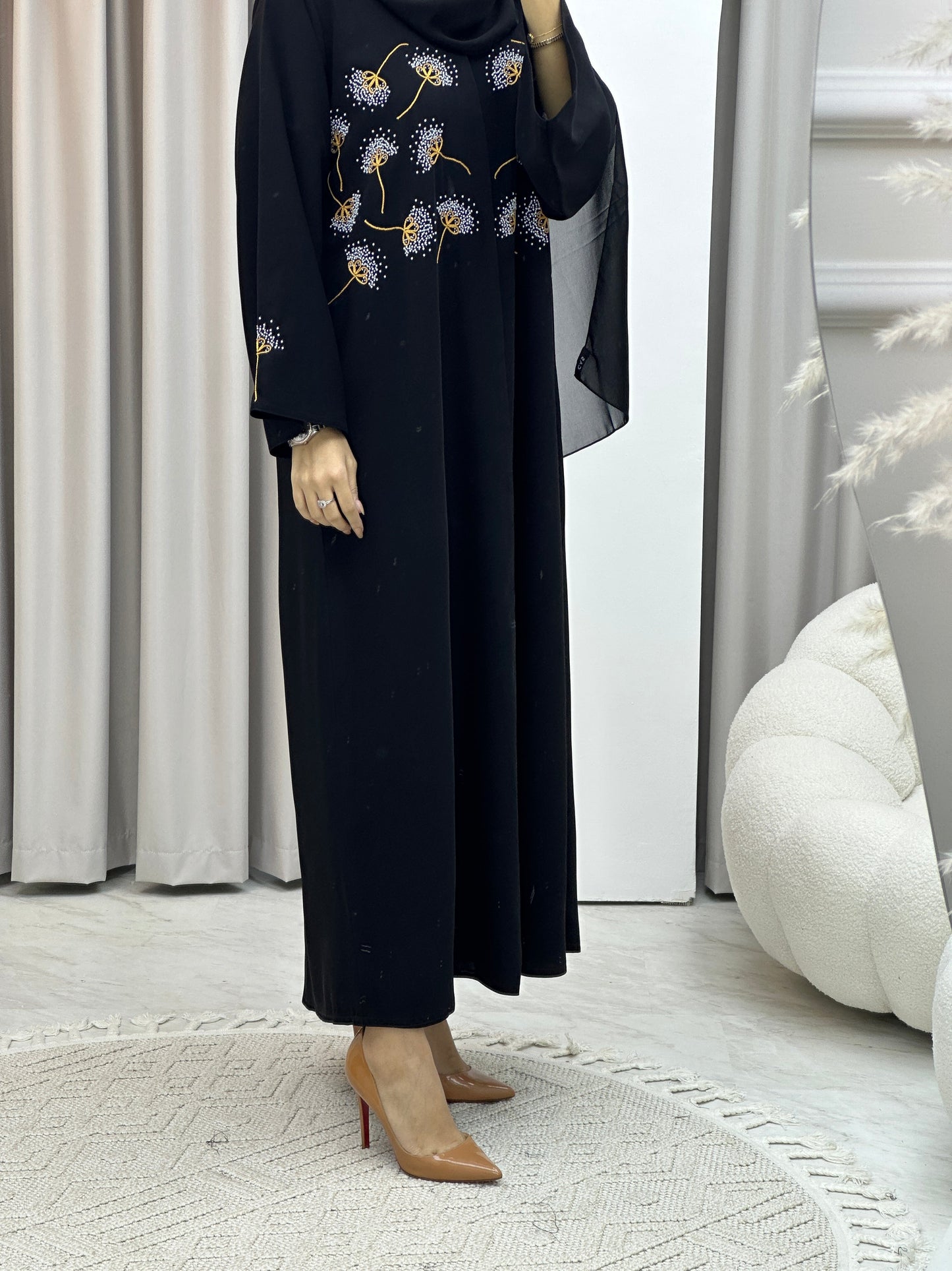 C RTW Flower Embroidery Black Abaya Set