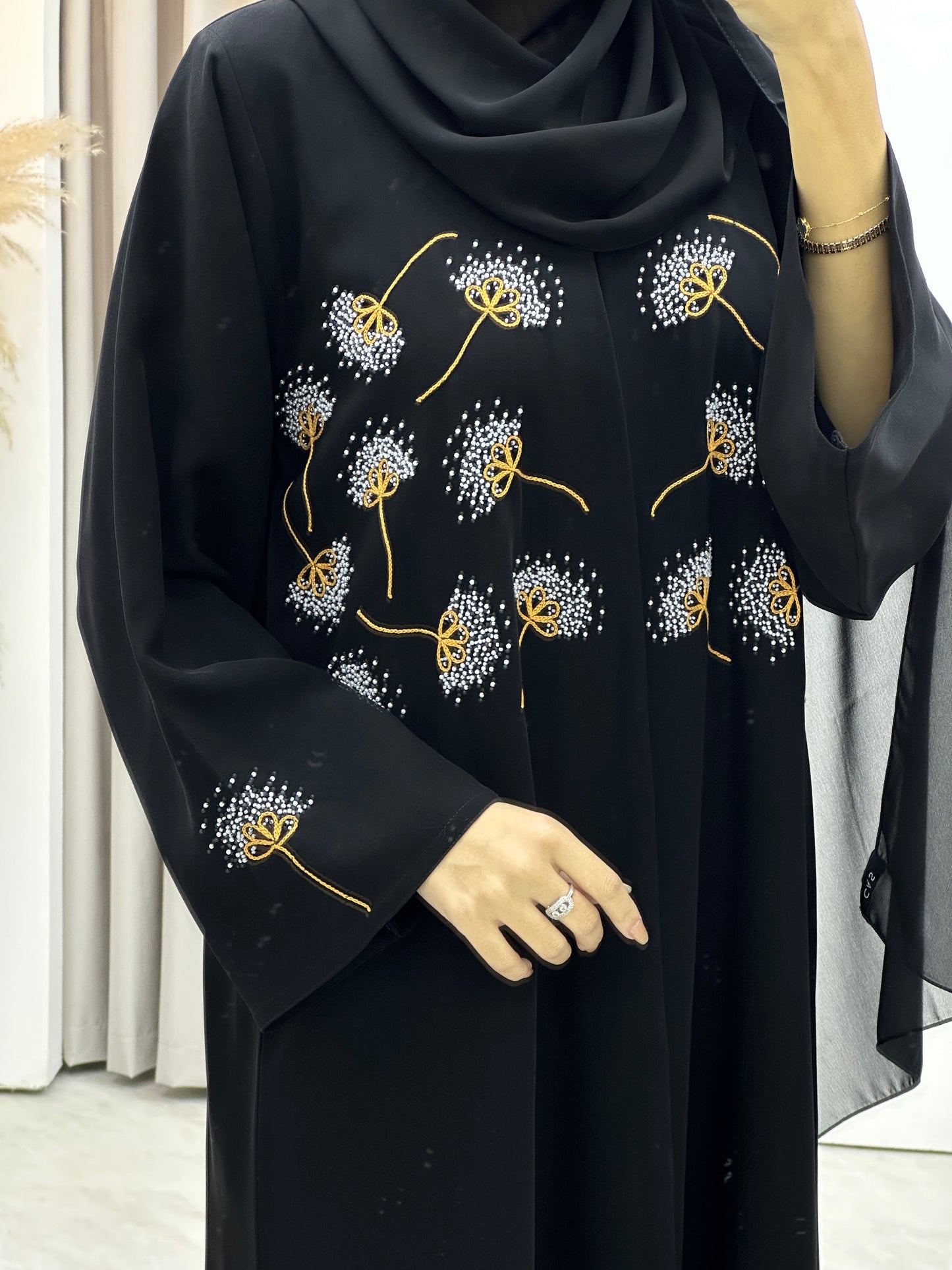 C RTW Flower Embroidery Black Abaya Set