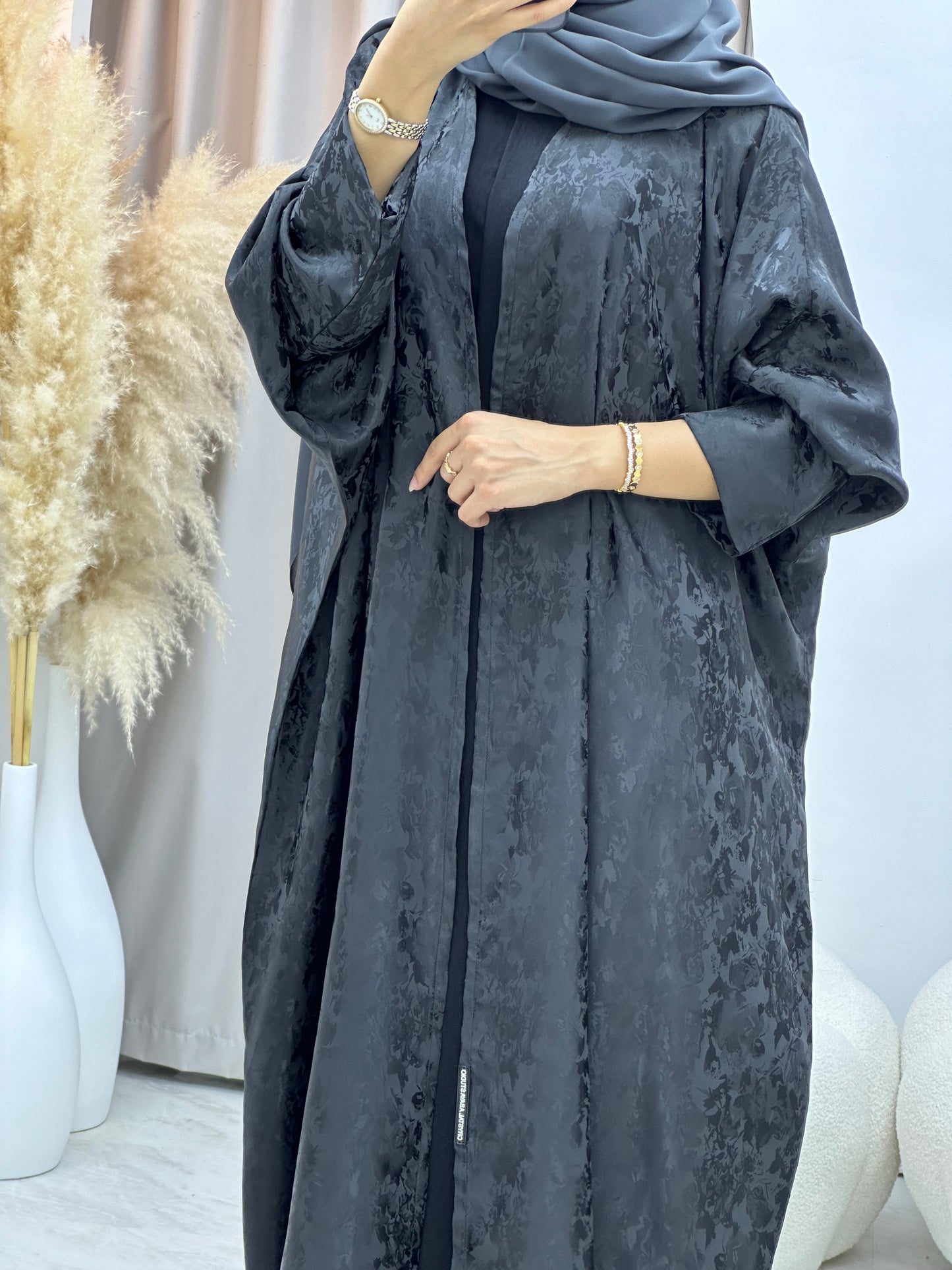 C 0250-03 Dark Grey Floral Abaya