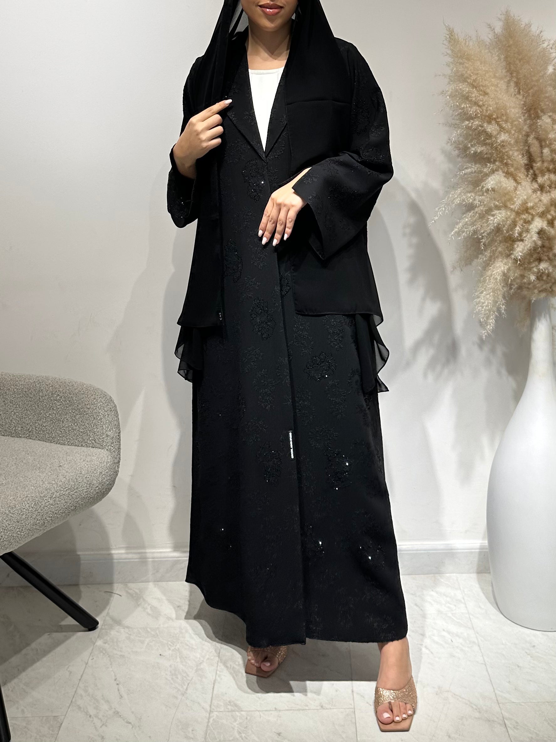 C 1640 Black Beaded Coat Abaya