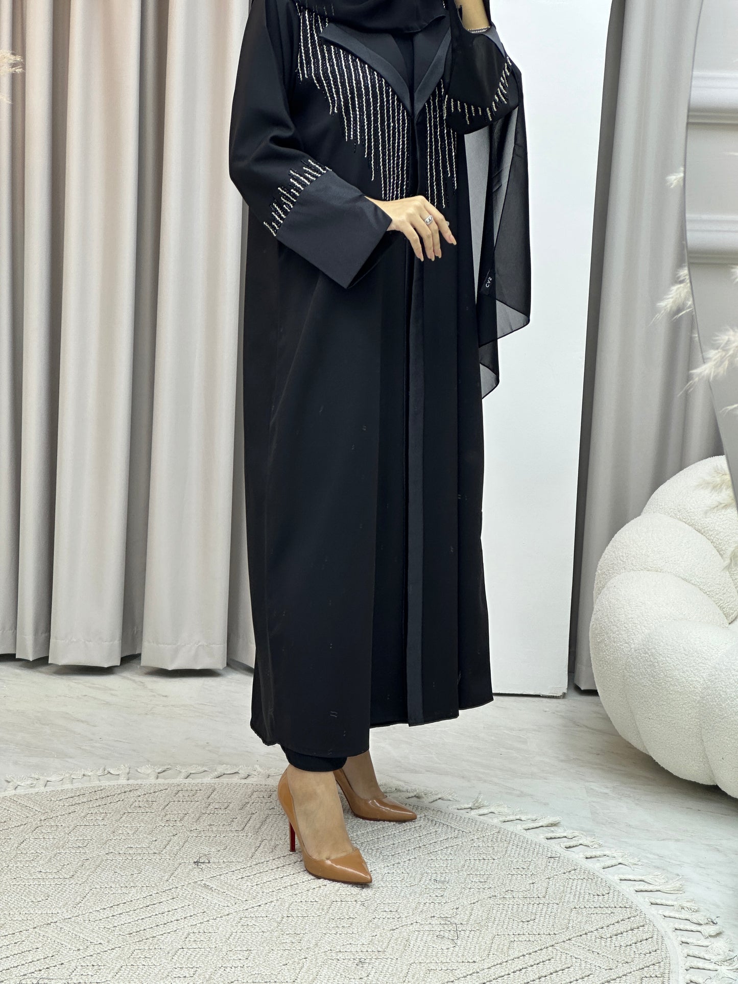 C Coat Black Silver Abaya Set