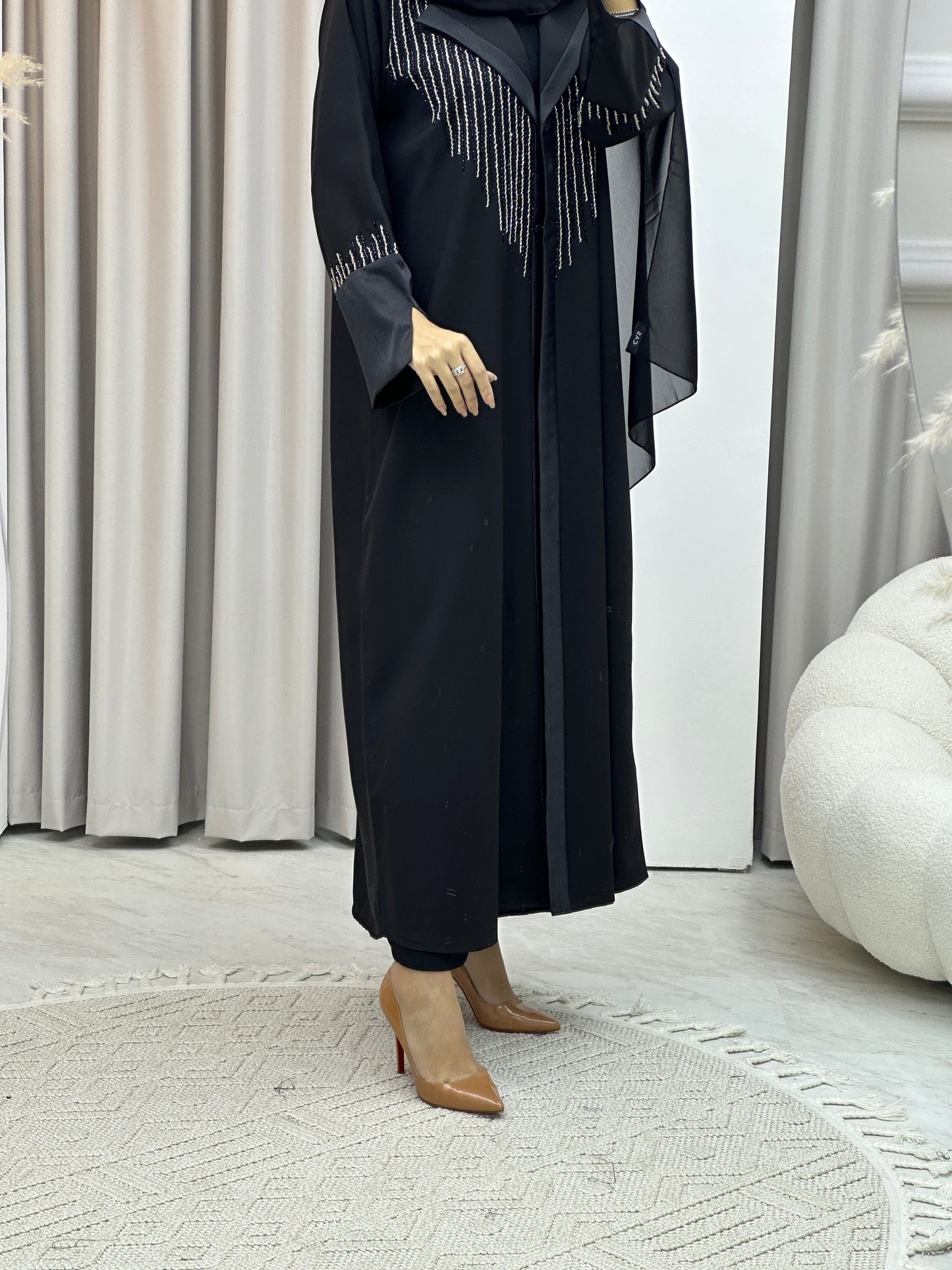 C Coat Black Silver Abaya Set