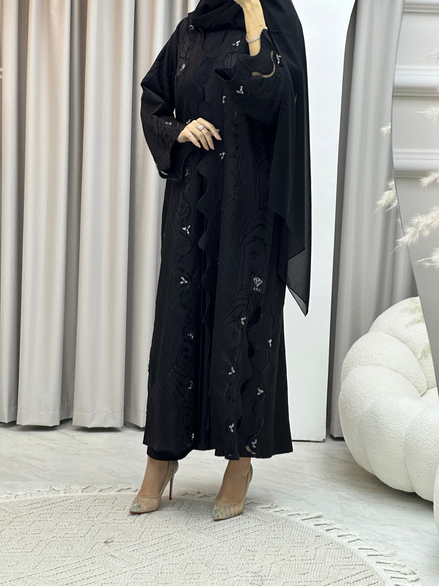 C Wave Black Jacquard Abaya Set