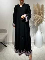 C 1642 Black Pink Embroidered Abaya
