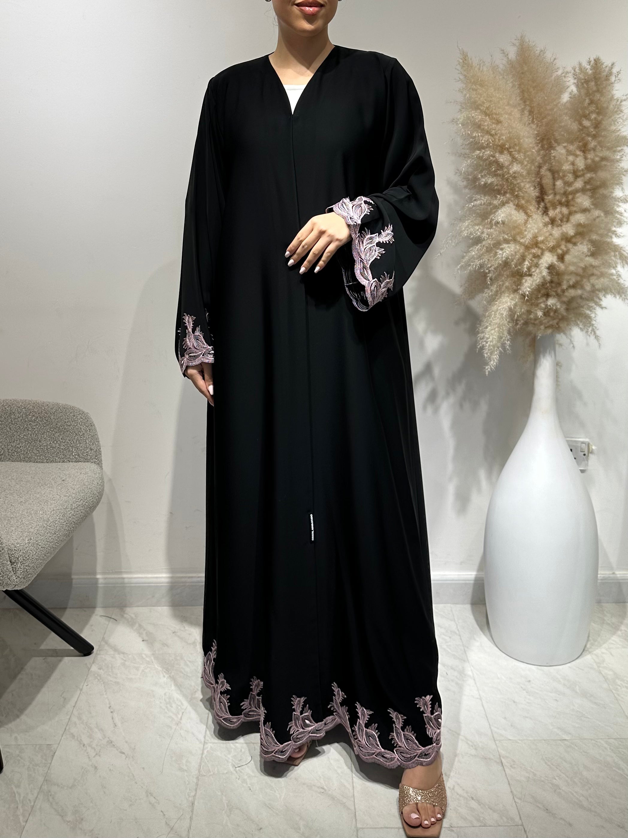 C 1642 Black Pink Embroidered Abaya