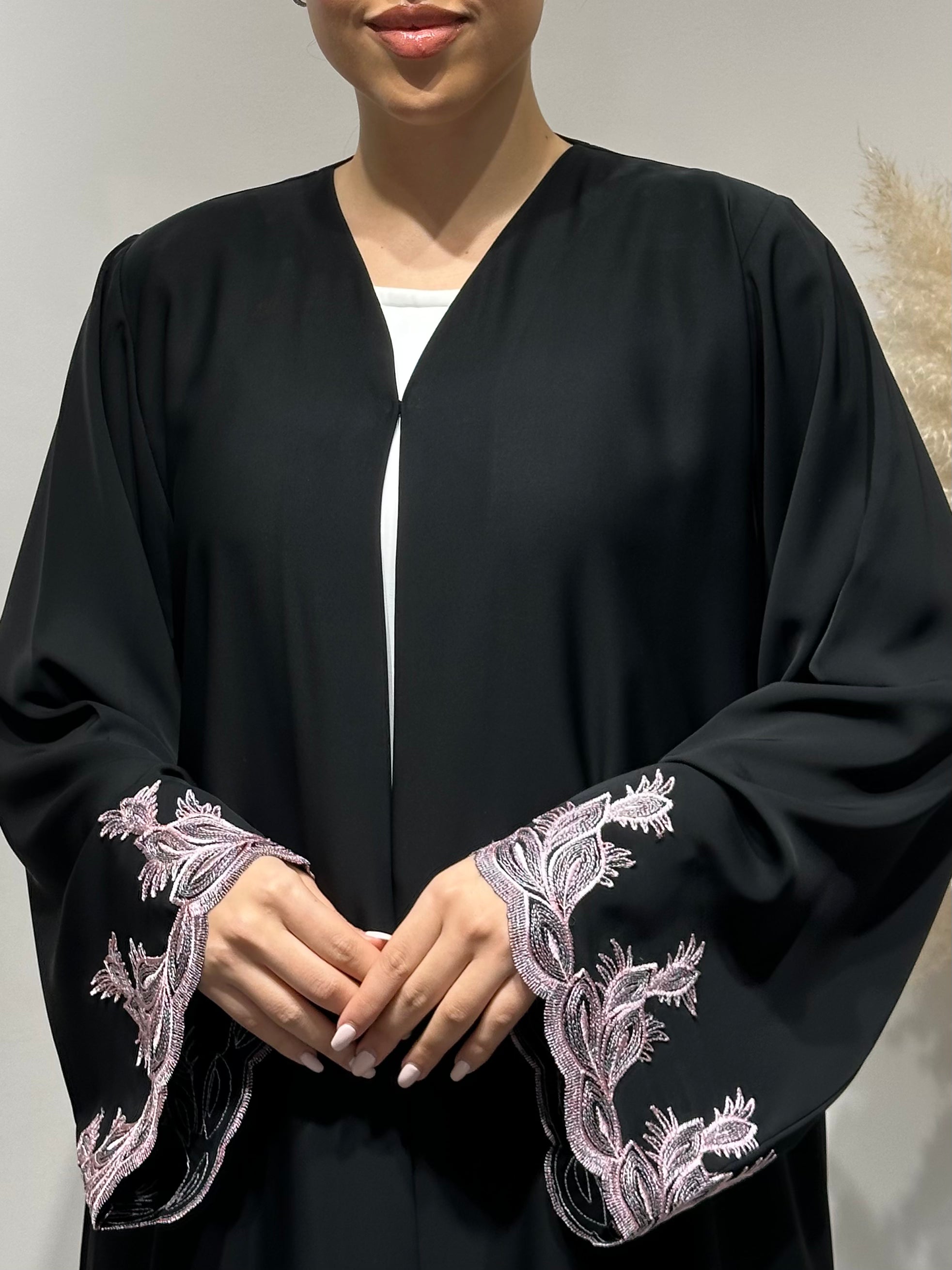 C 1642 Black Pink Embroidered Abaya