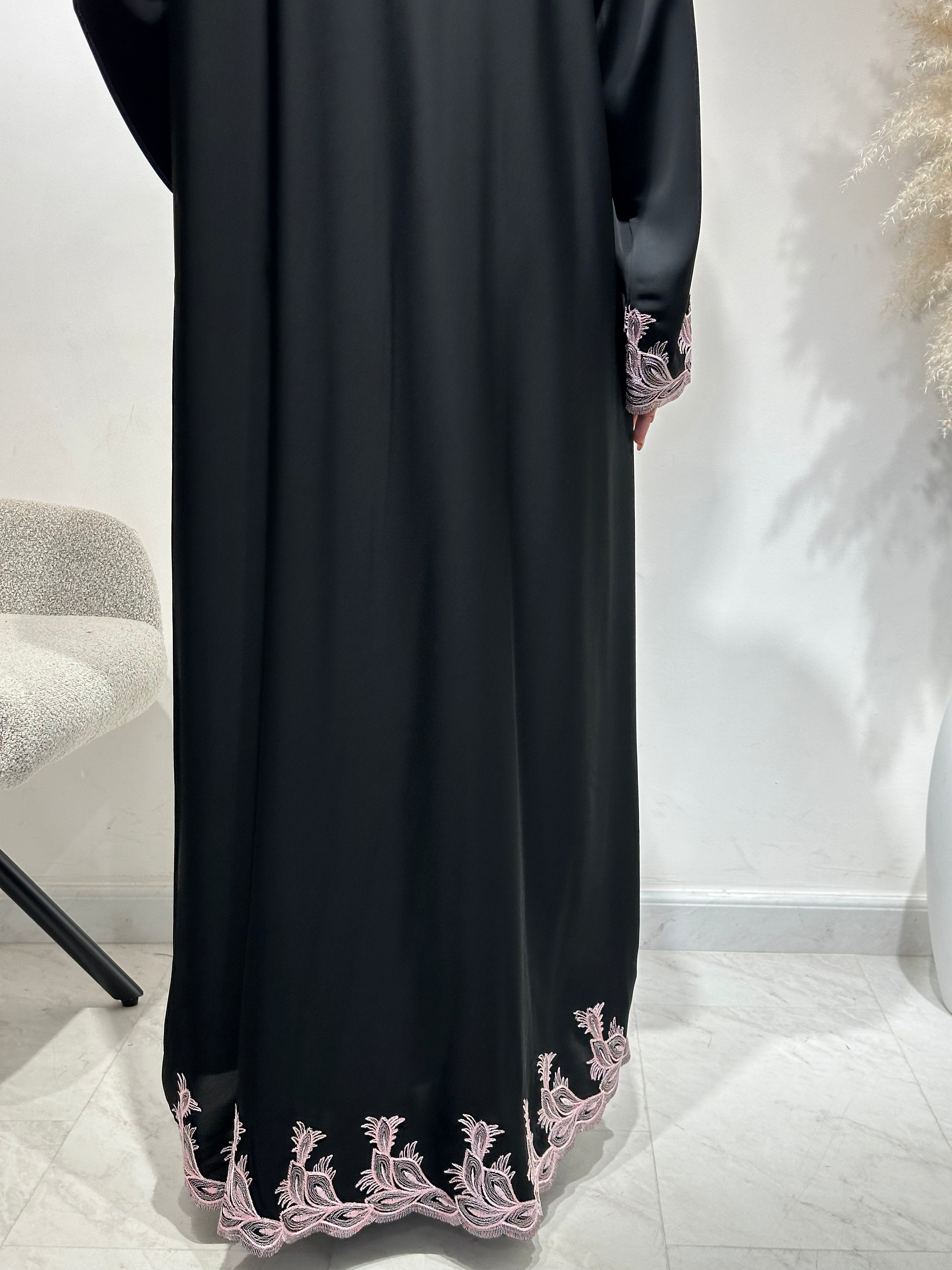 C 1642 Black Pink Embroidered Abaya