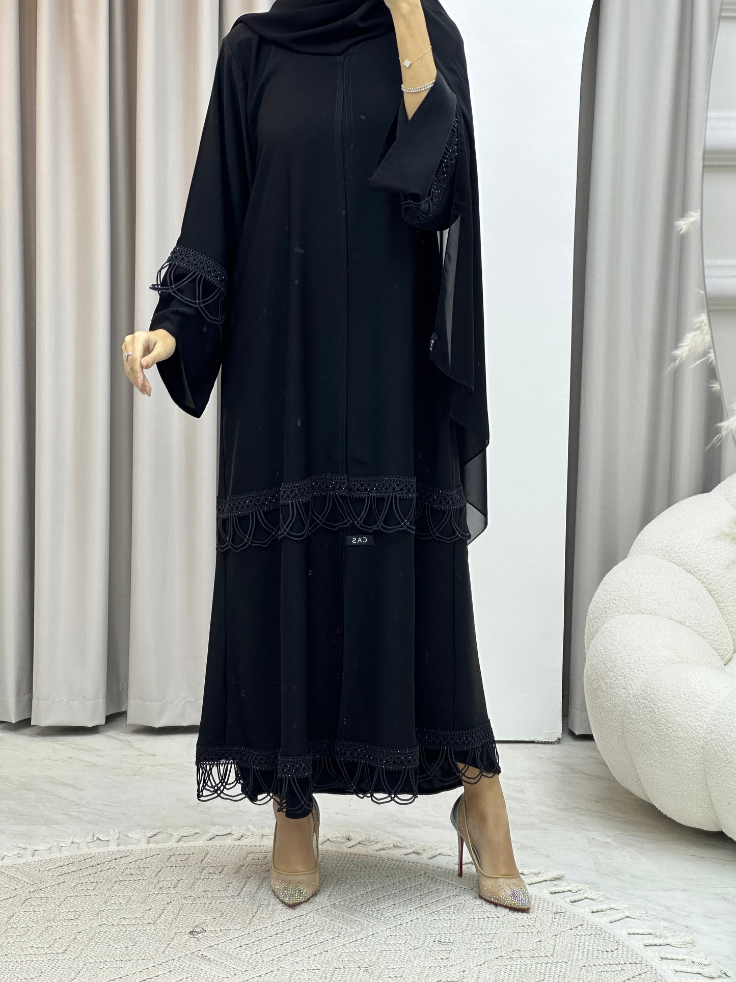 C RTW Black Scallops Lace Abaya Set