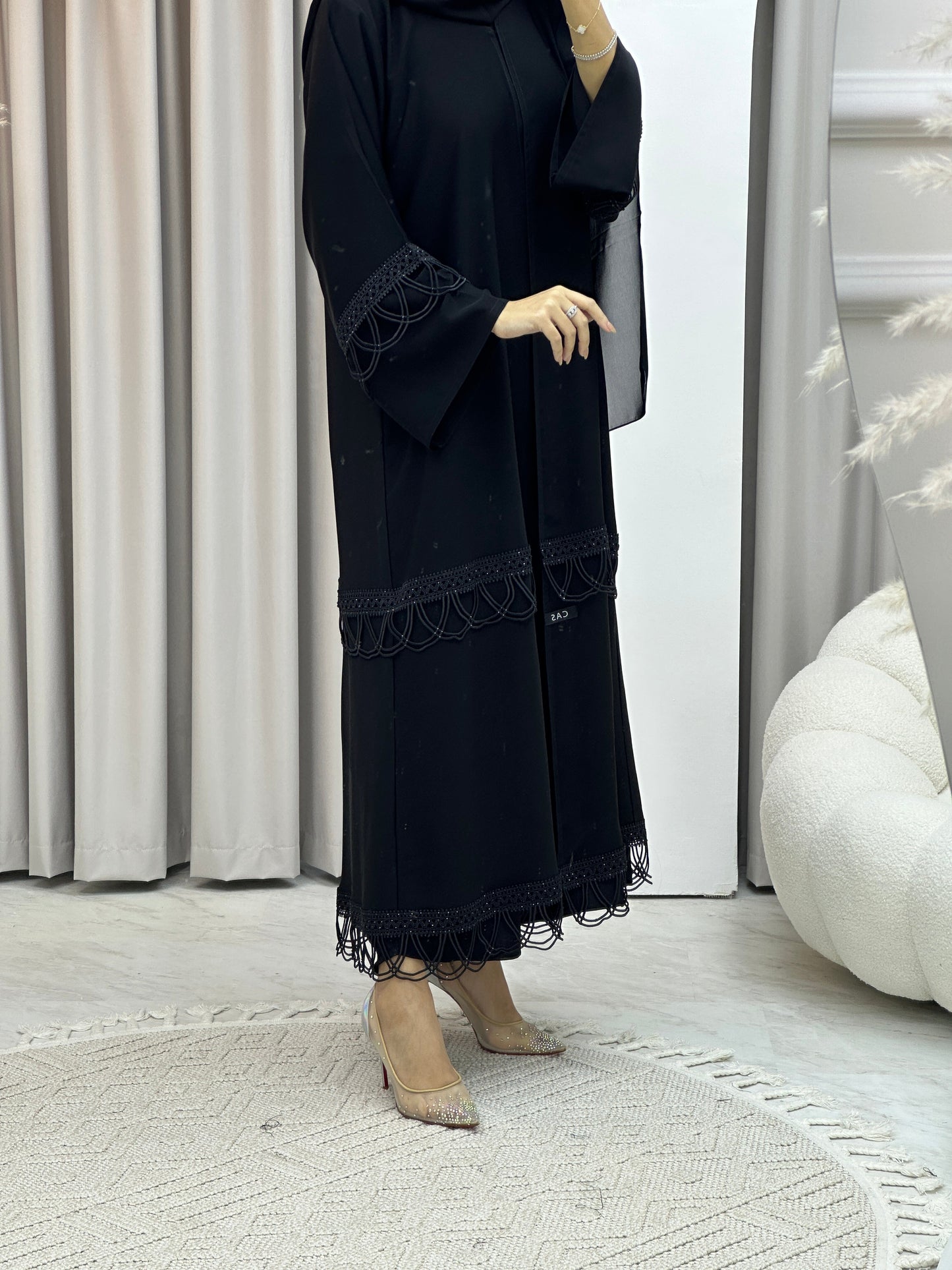 C RTW Black Scallops Lace Abaya Set