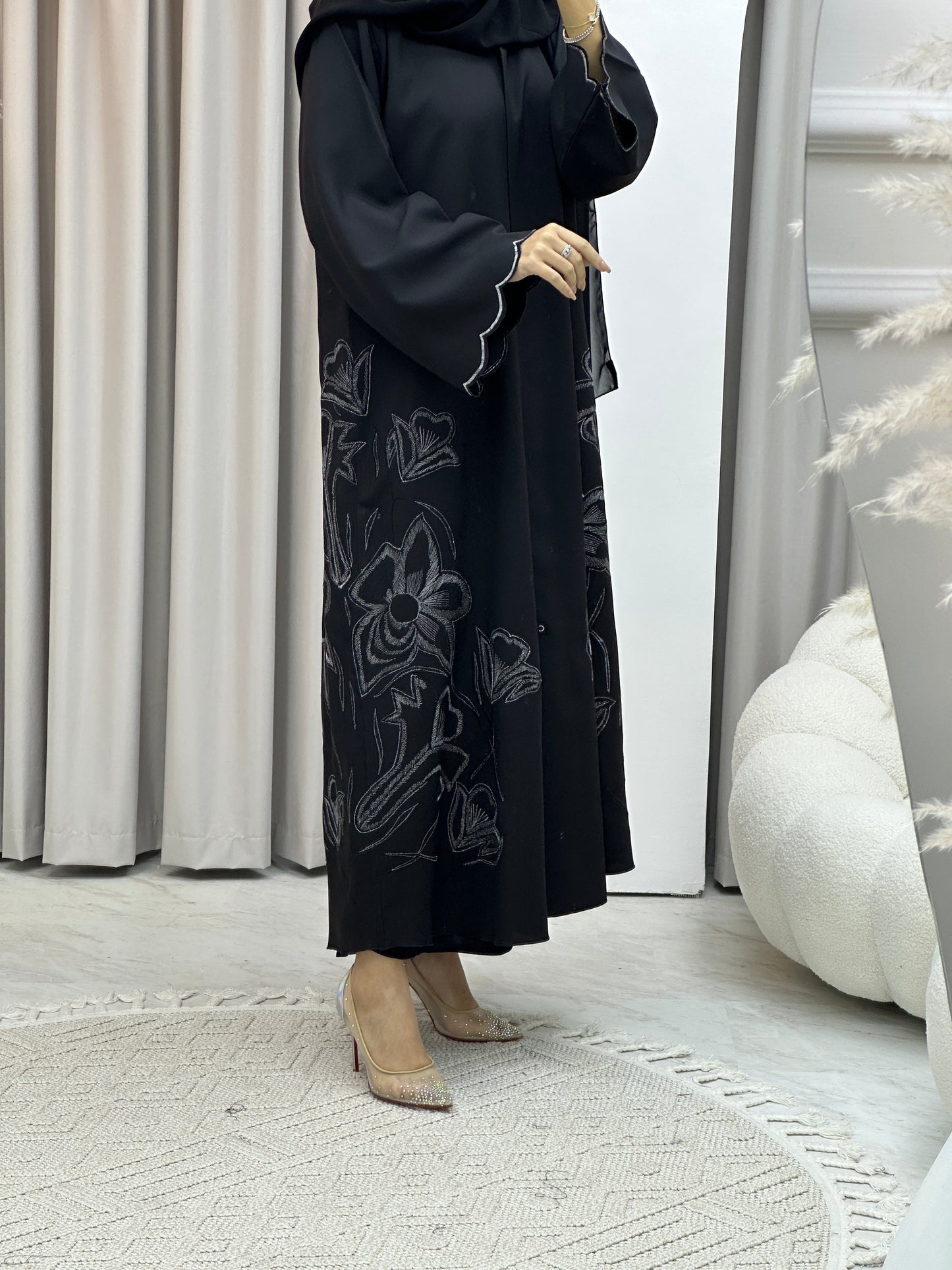 Black Floral White Embroidery Abaya Set
