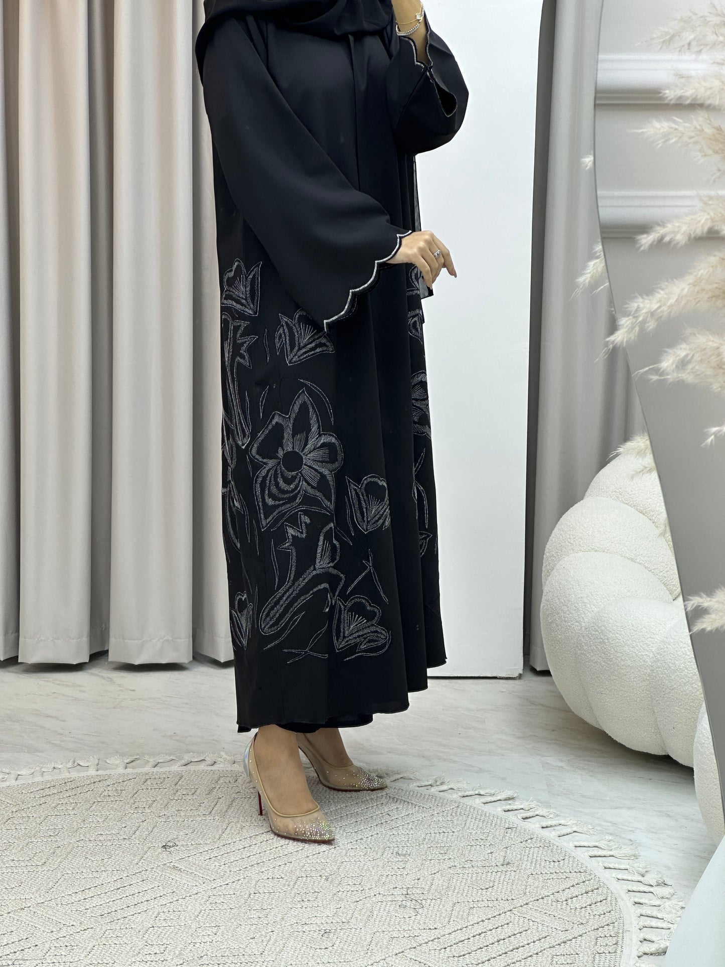 Black Floral White Embroidery Abaya Set