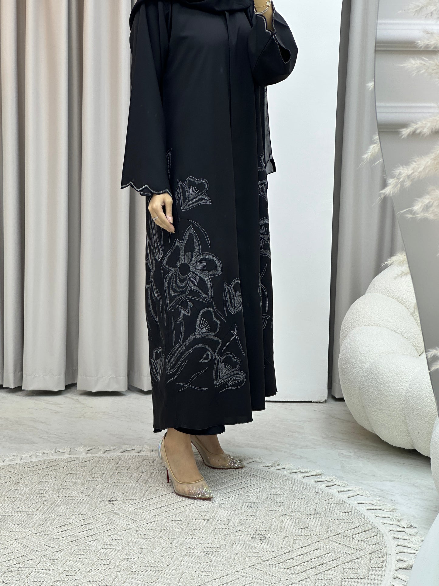 Black Floral White Embroidery Abaya Set