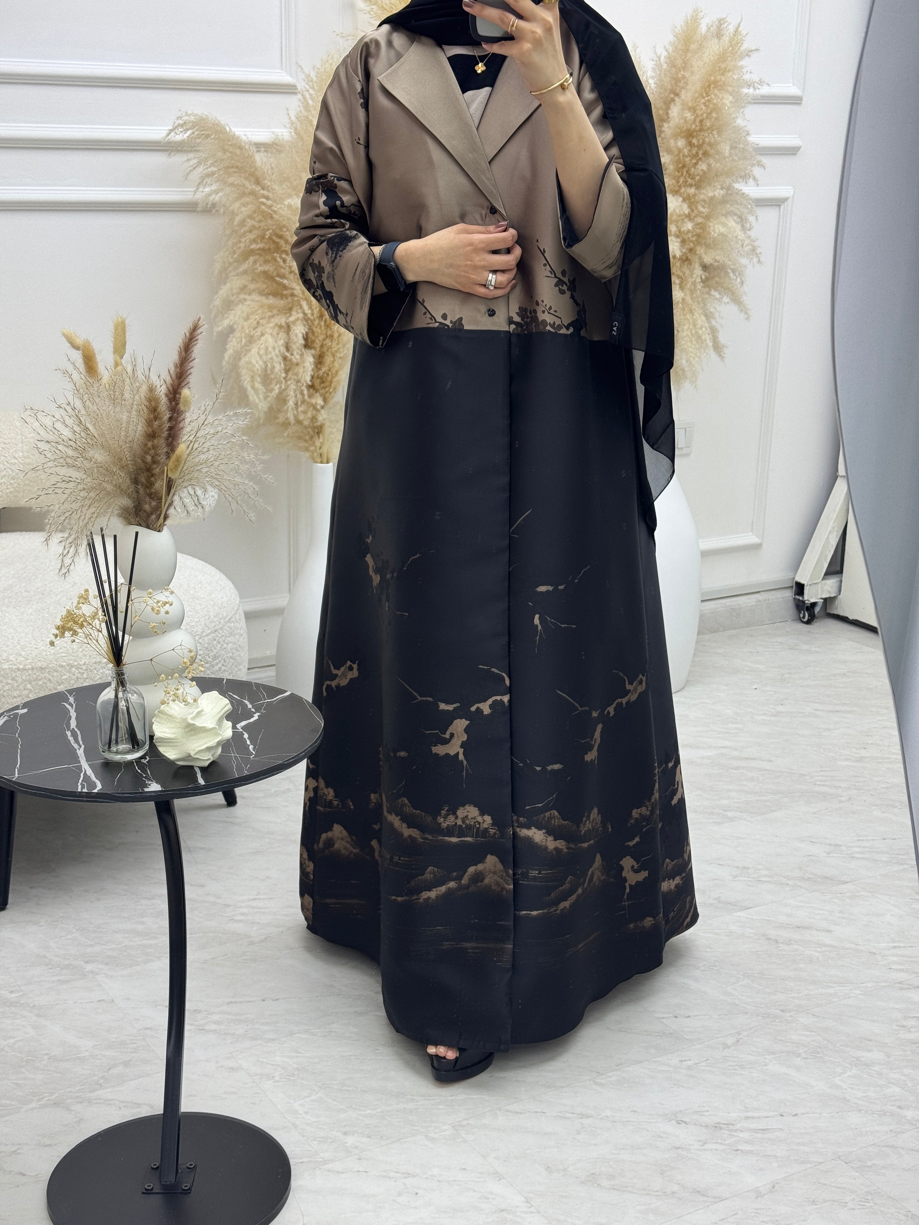 C 1090-01 Brown Printed Coat Abaya