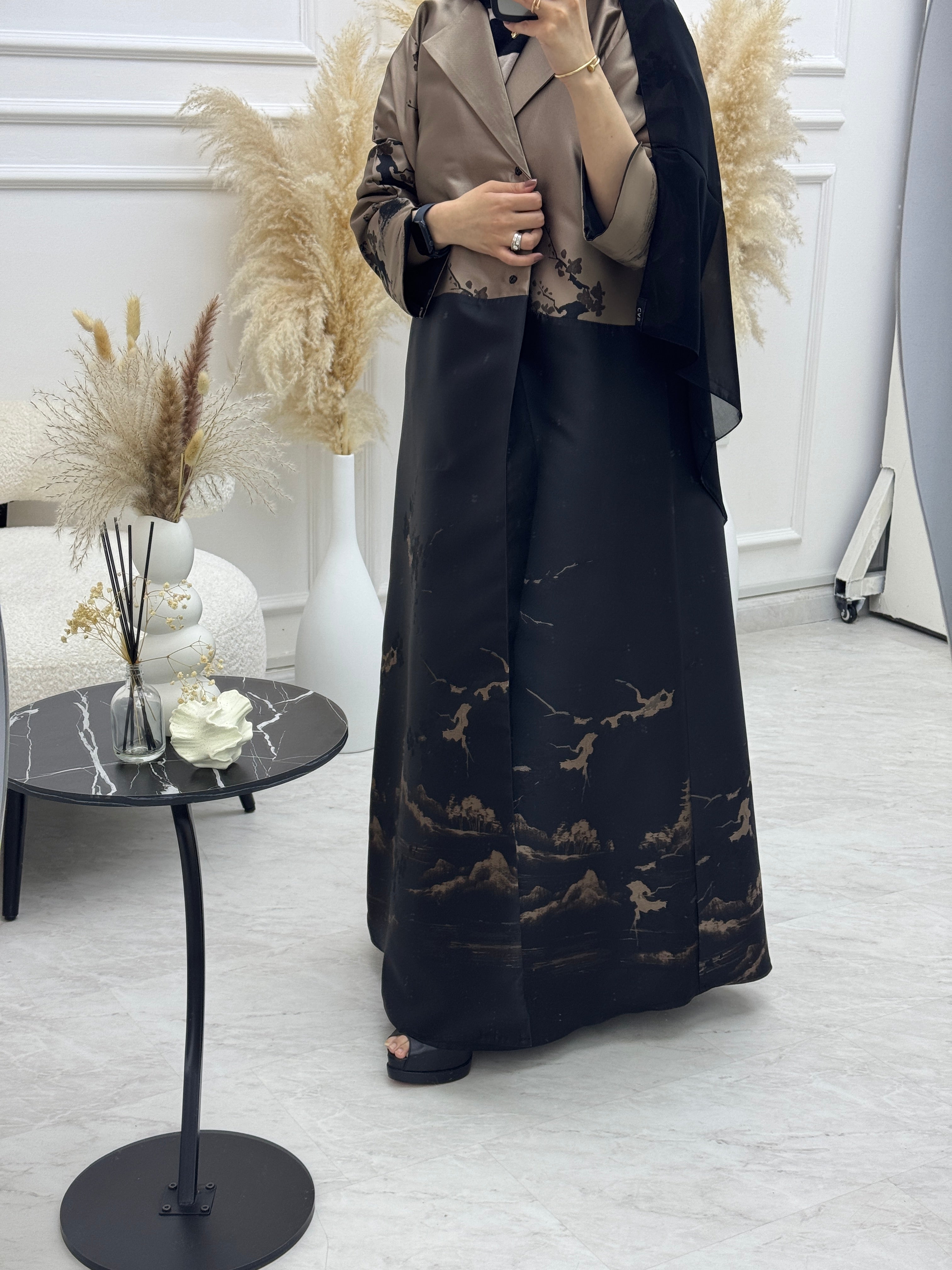 C 1090-01 Brown Printed Coat Abaya