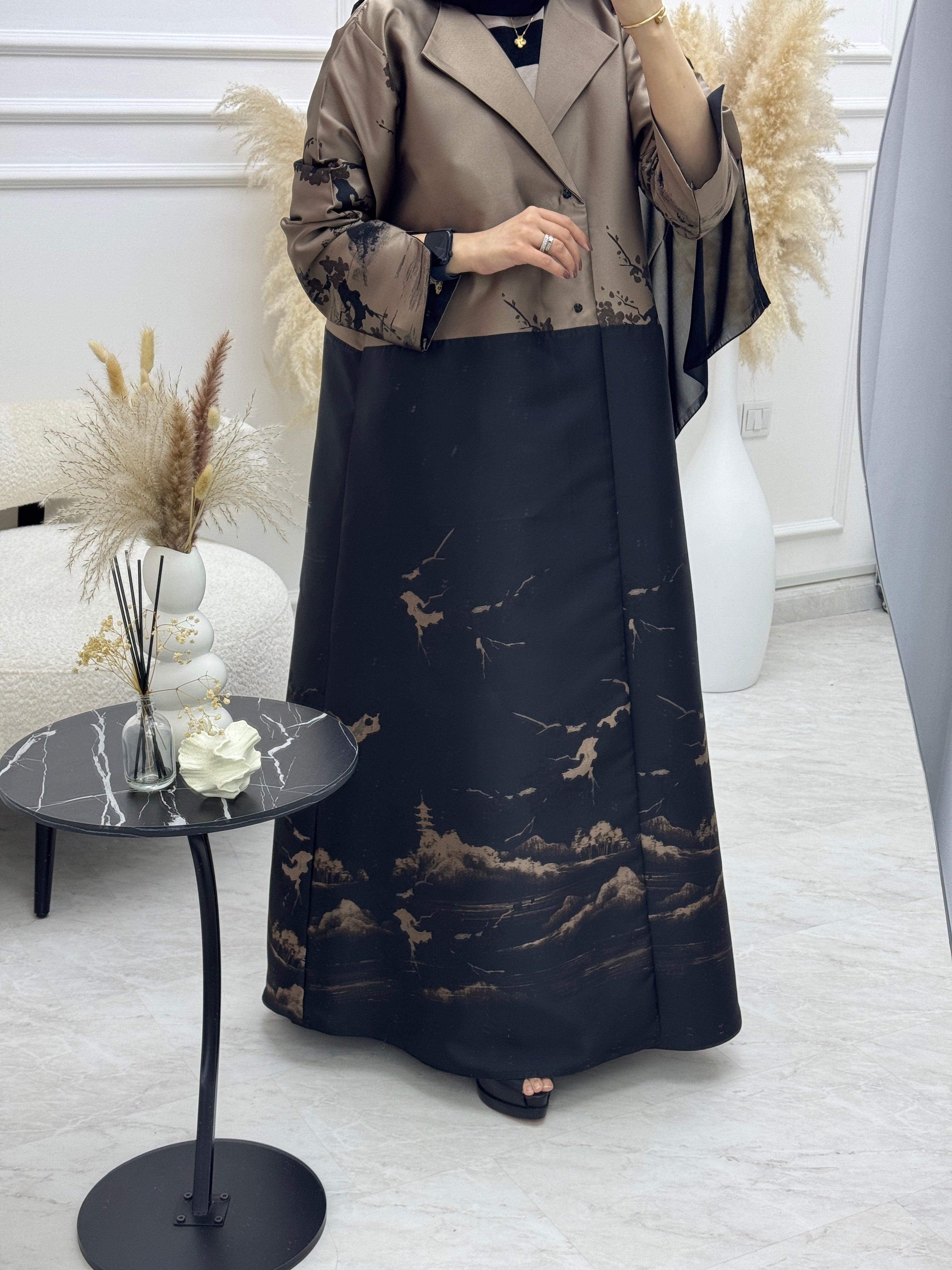 C 1090-01 Brown Printed Coat Abaya