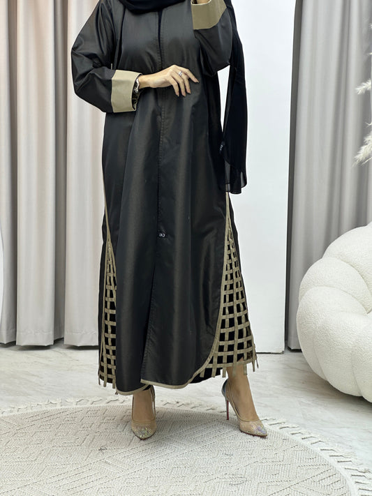 C RTW Black Beige Mesh Panel Abaya Set