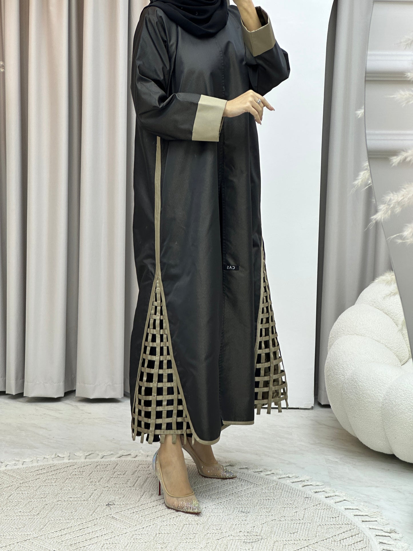 C RTW Black Beige Mesh Panel Abaya Set