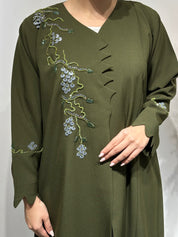 C 1653 Olive Green Beaded Abaya