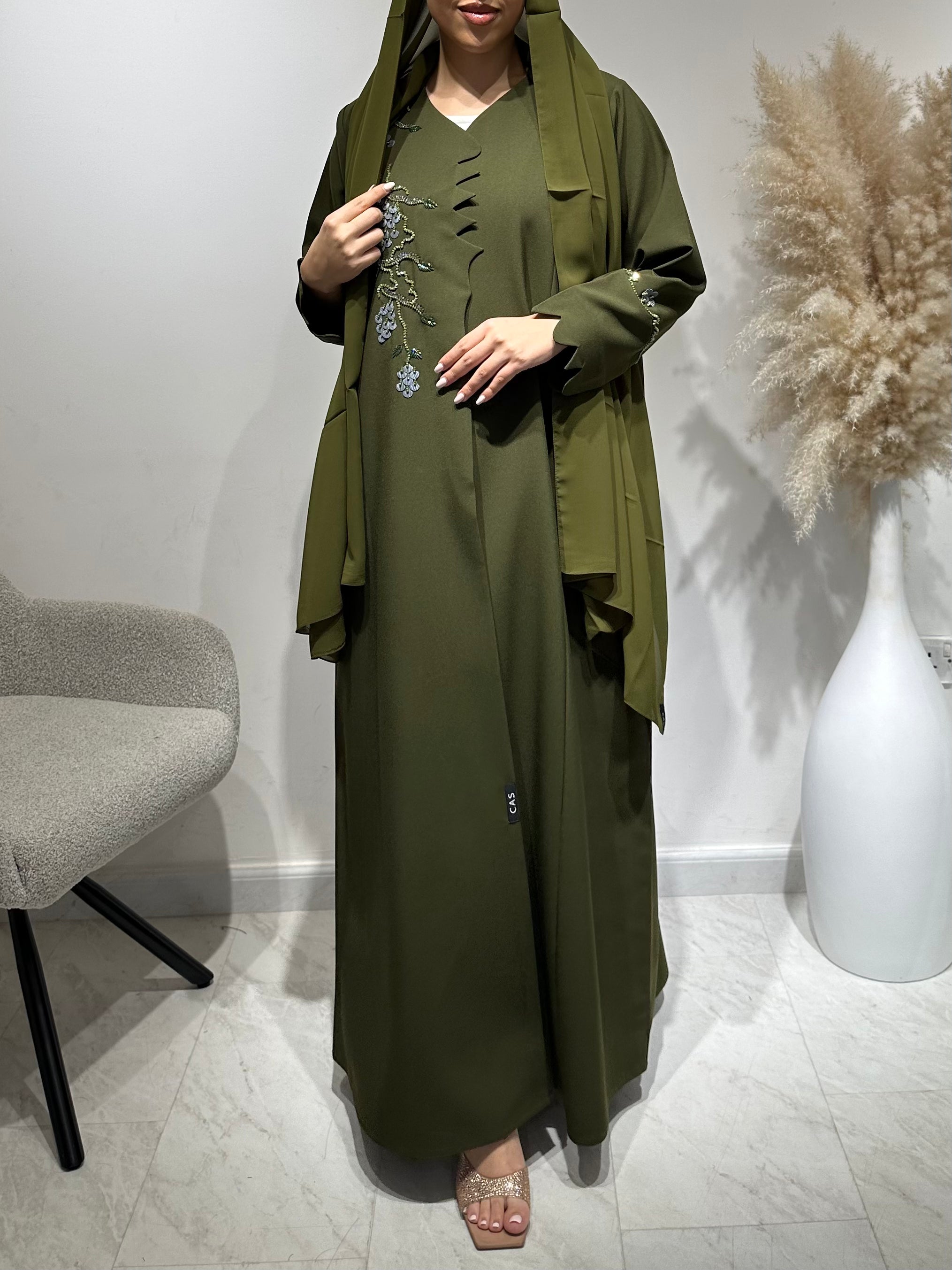 C 1653 Olive Green Beaded Abaya