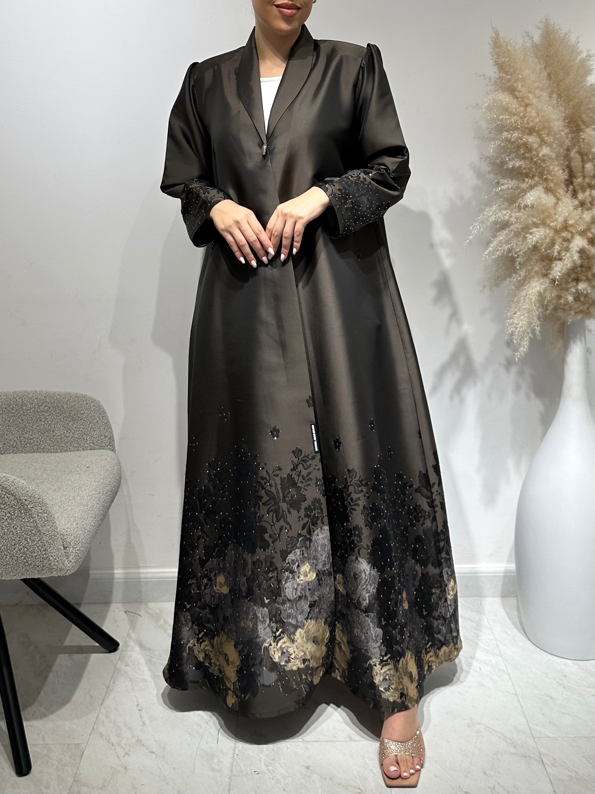C 1654 Brown Printed Crystal Abaya