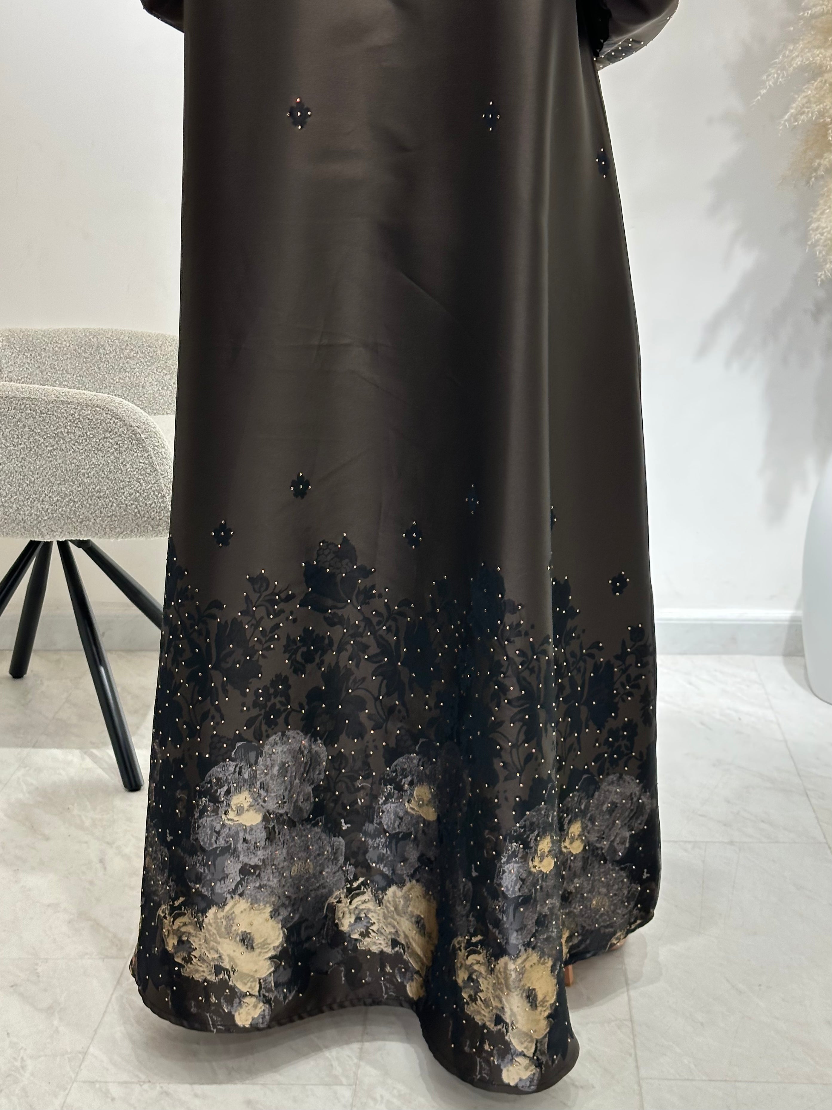 C 1654 Brown Printed Crystal Abaya