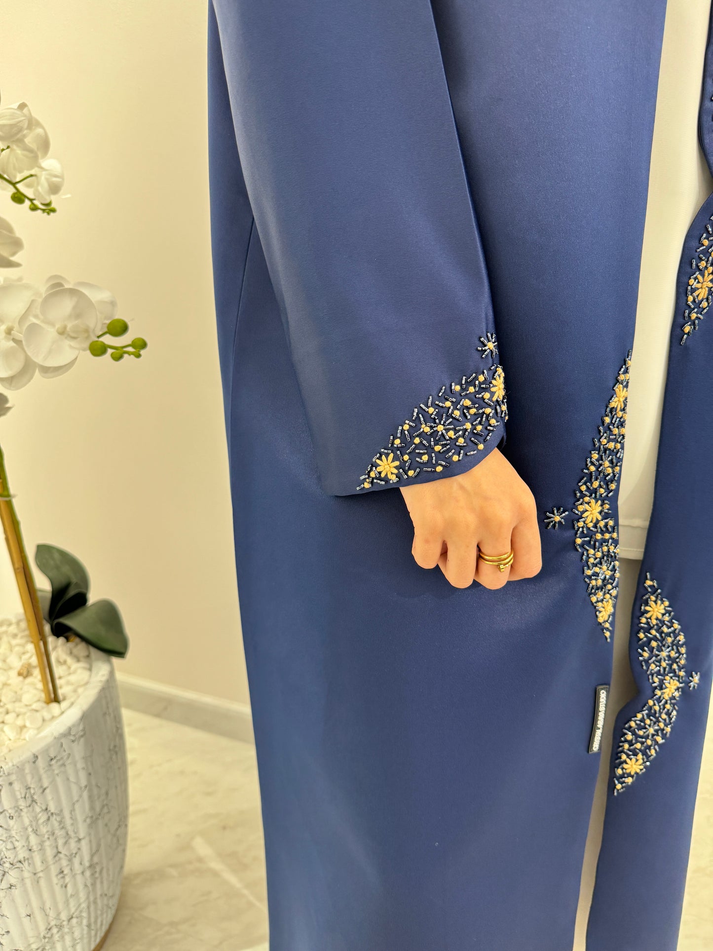 C Blue Beige Satin Eid Abaya