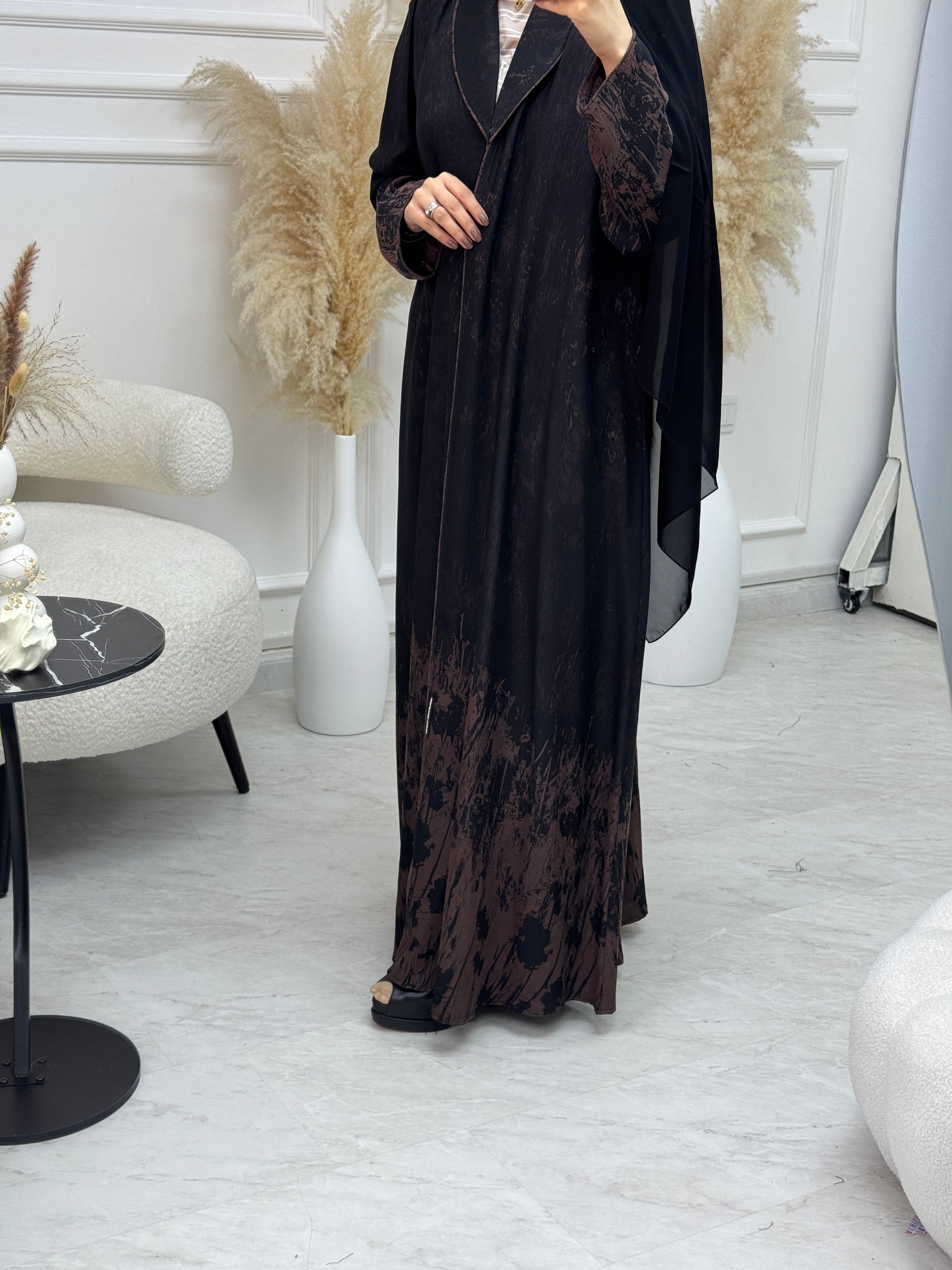 C 1085-03 Brown Black Printed Abaya