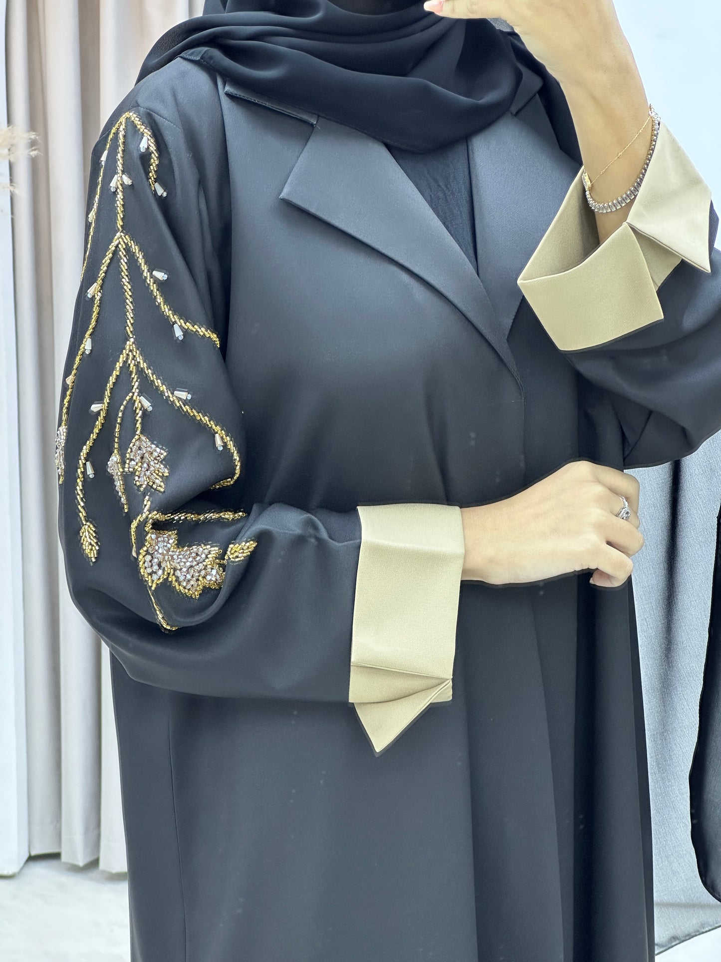 C Black Beige Handwork Abaya Set