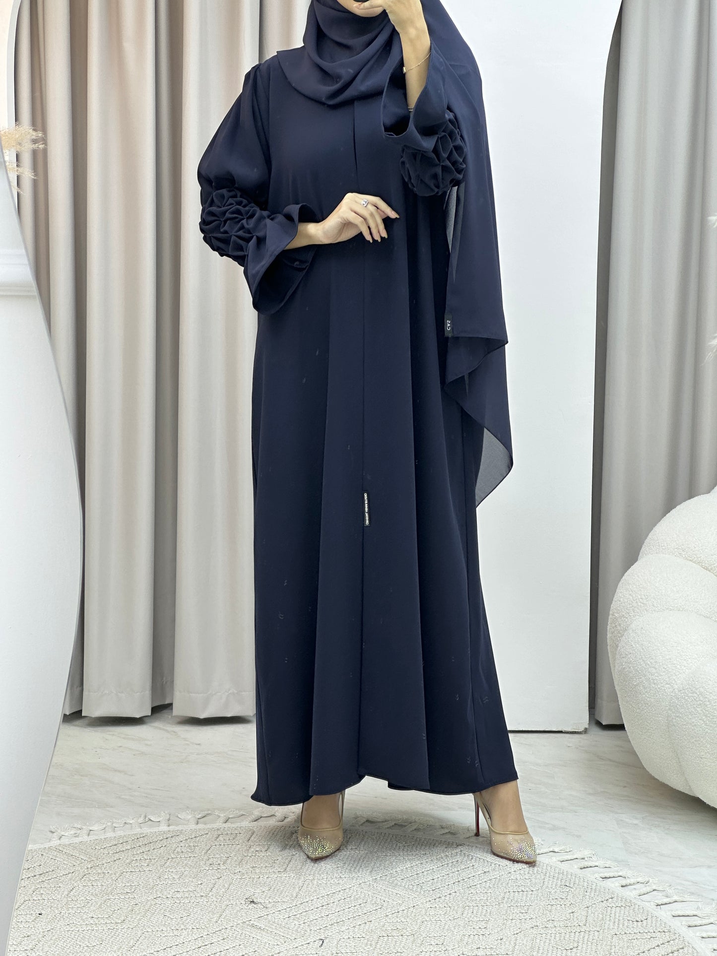 C Pleated Sleeves Navy Blue Abaya Set