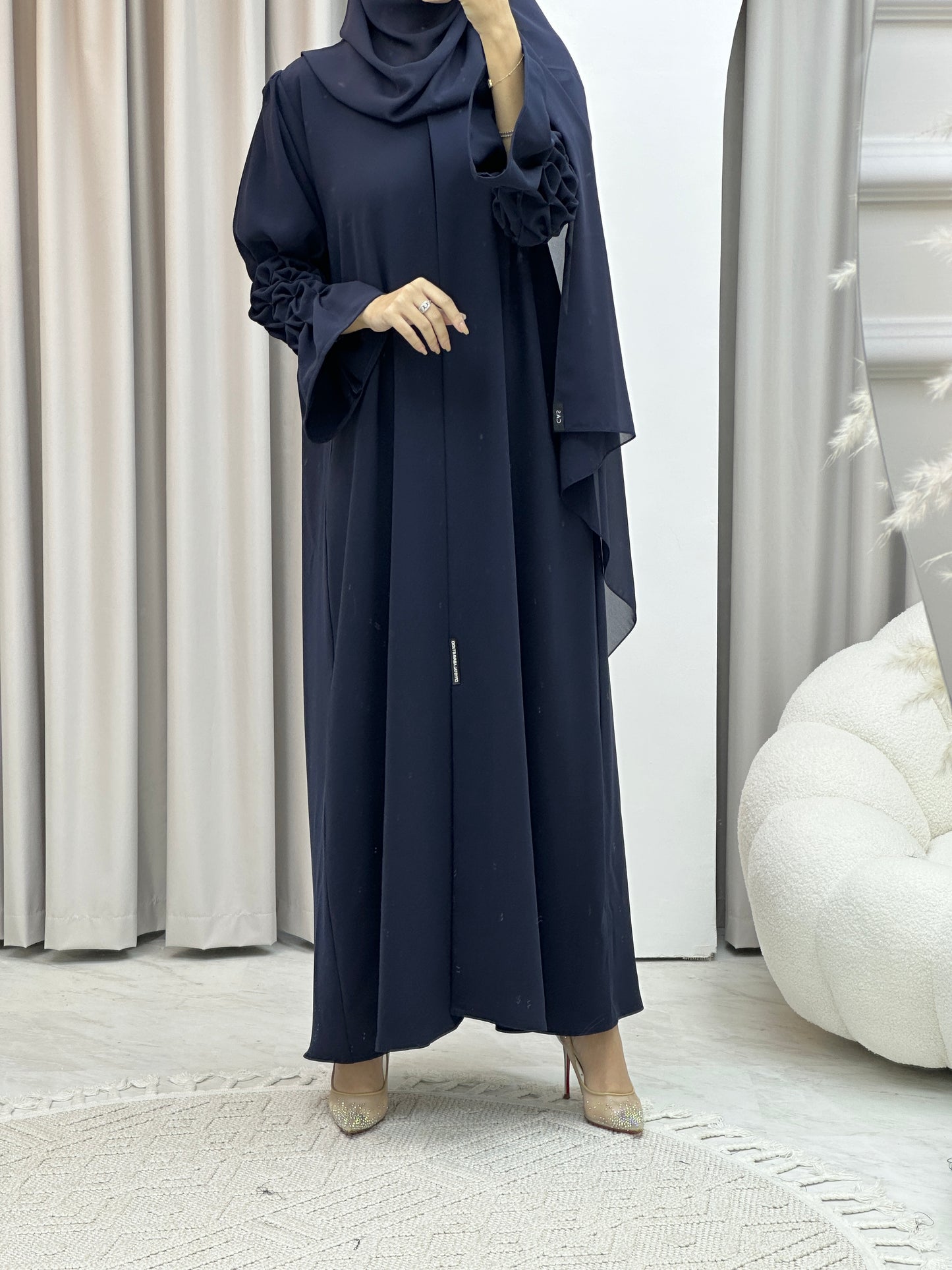 C Pleated Sleeves Navy Blue Abaya Set