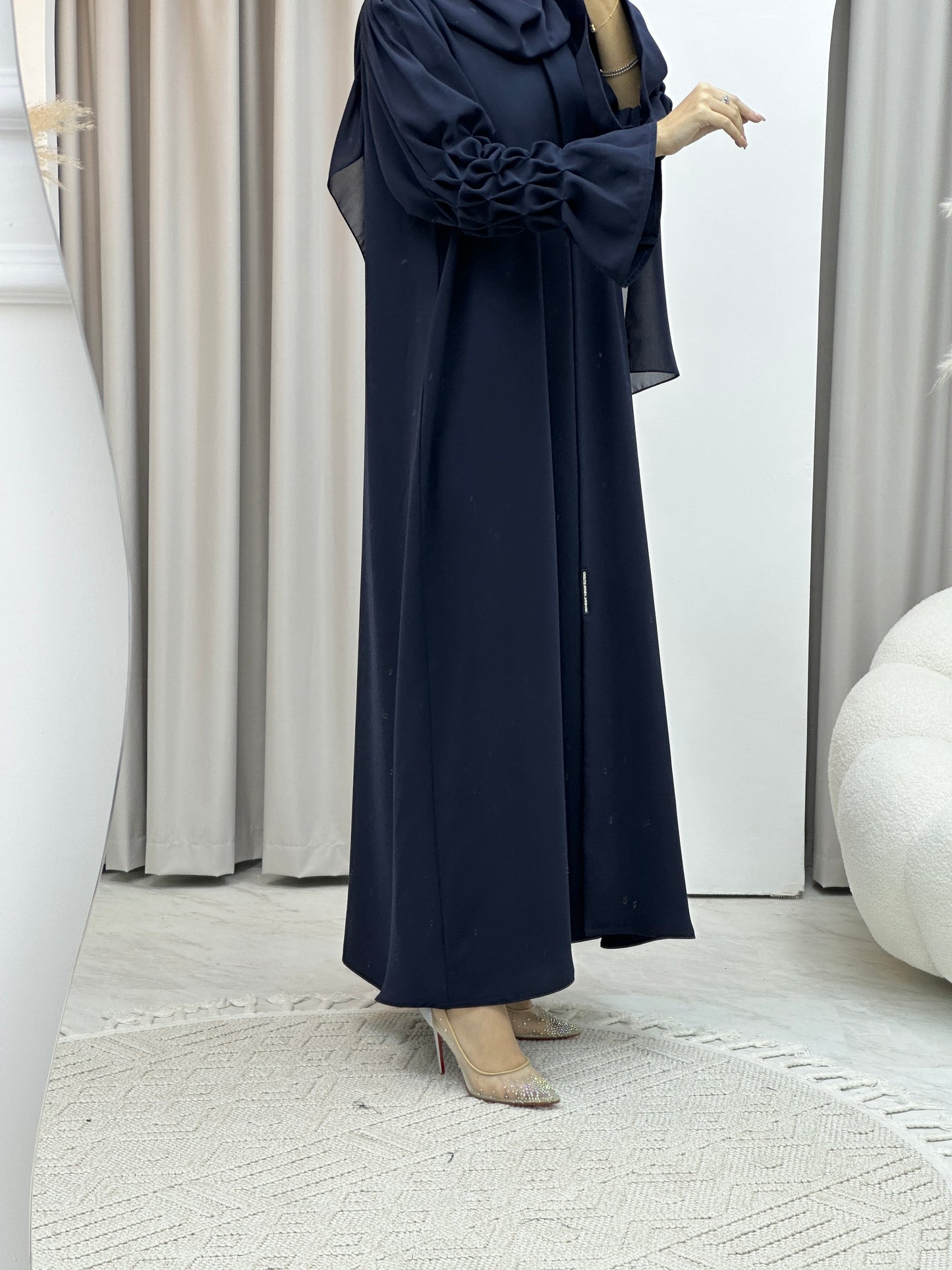 C Pleated Sleeves Navy Blue Abaya Set
