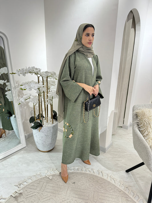 C Green Floral Linen Embroidery Eid Abaya Set